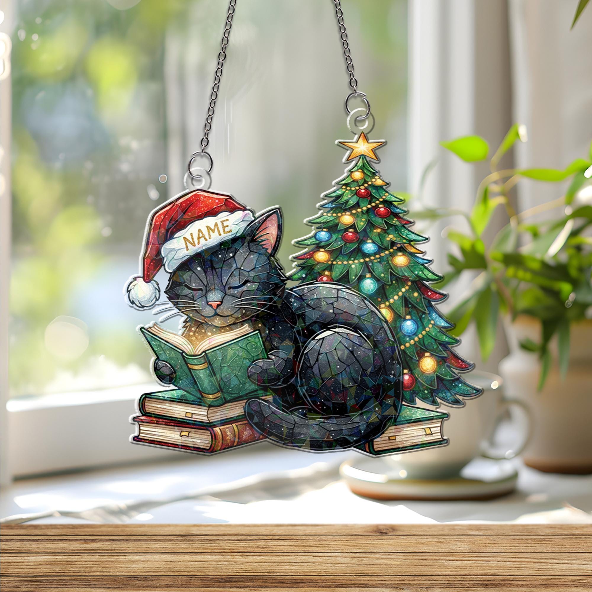 Acrylic Hologram Cat Reading Christmas Tree Window Hanging: Holiday Pet Lover Decor