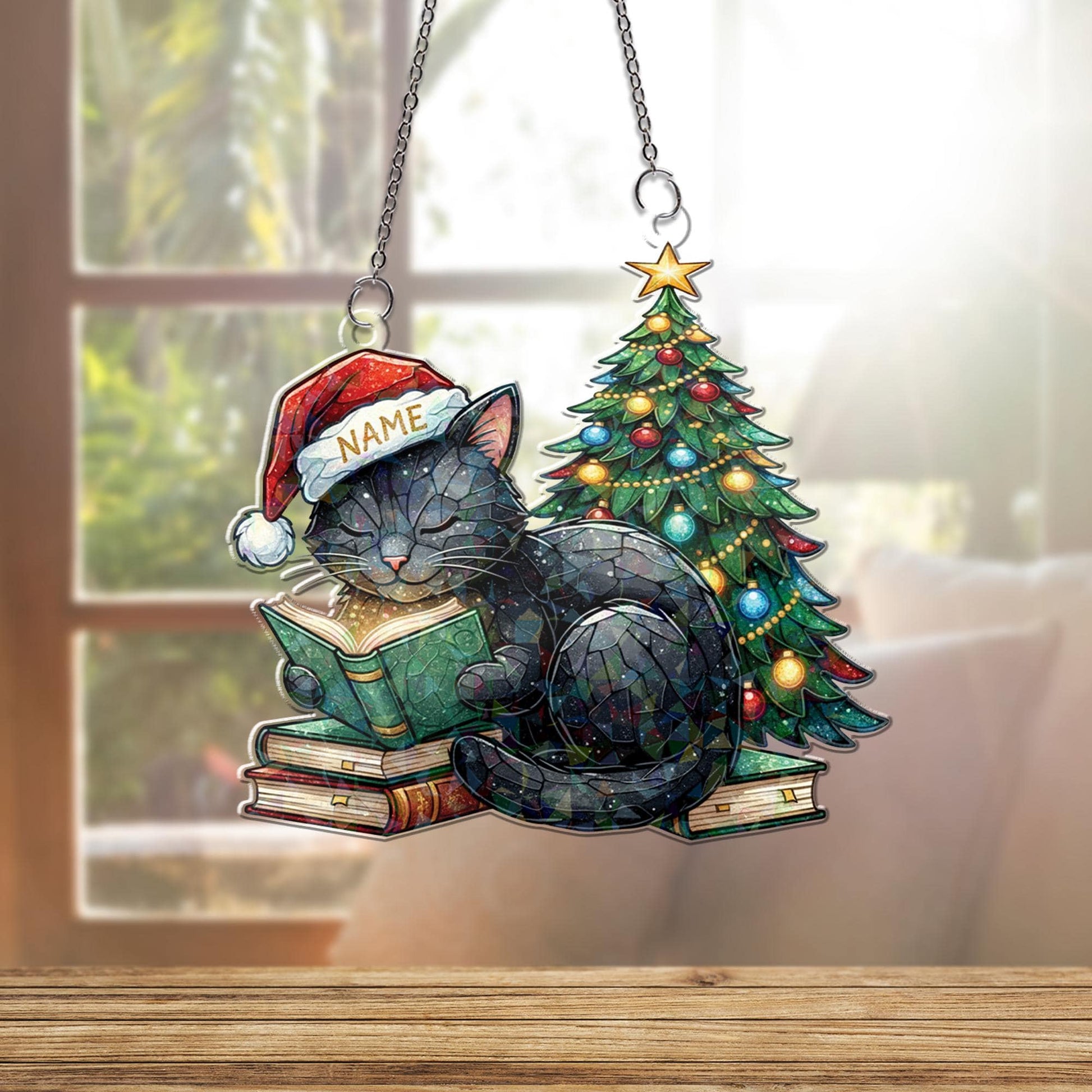 Acrylic Hologram Cat Reading Christmas Tree Window Hanging: Holiday Pet Lover Decor