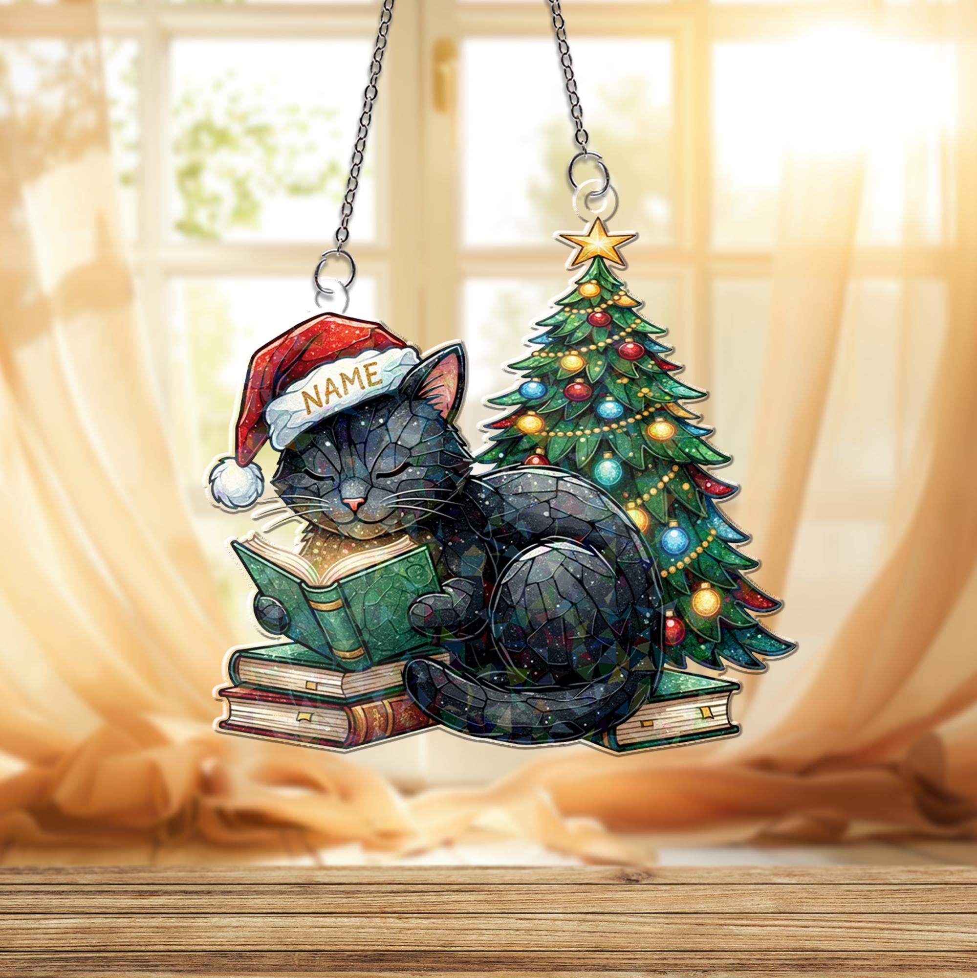 Acrylic Hologram Cat Reading Christmas Tree Window Hanging: Holiday Pet Lover Decor
