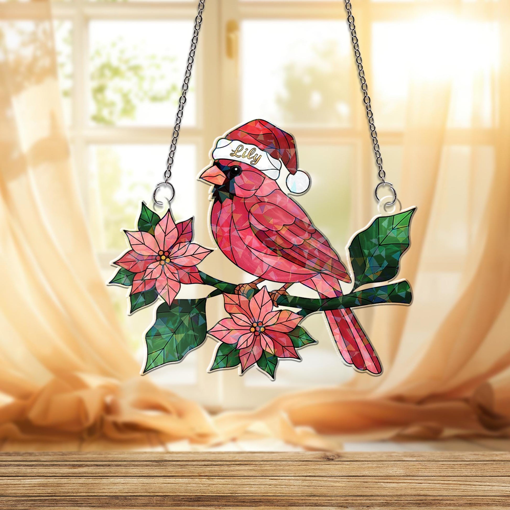 Acrylic Hologram Cardinal Christmas Window Hanging: Holiday Bird Decor