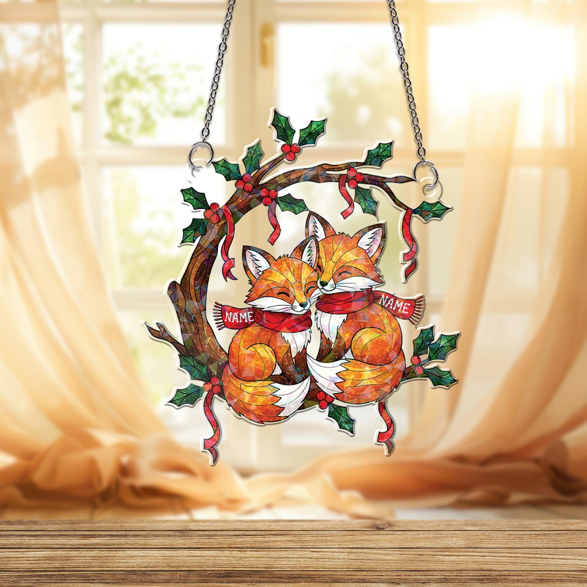 Acrylic Hologram Fox Couple Christmas Window Hanging: Personalized Xmas Gift