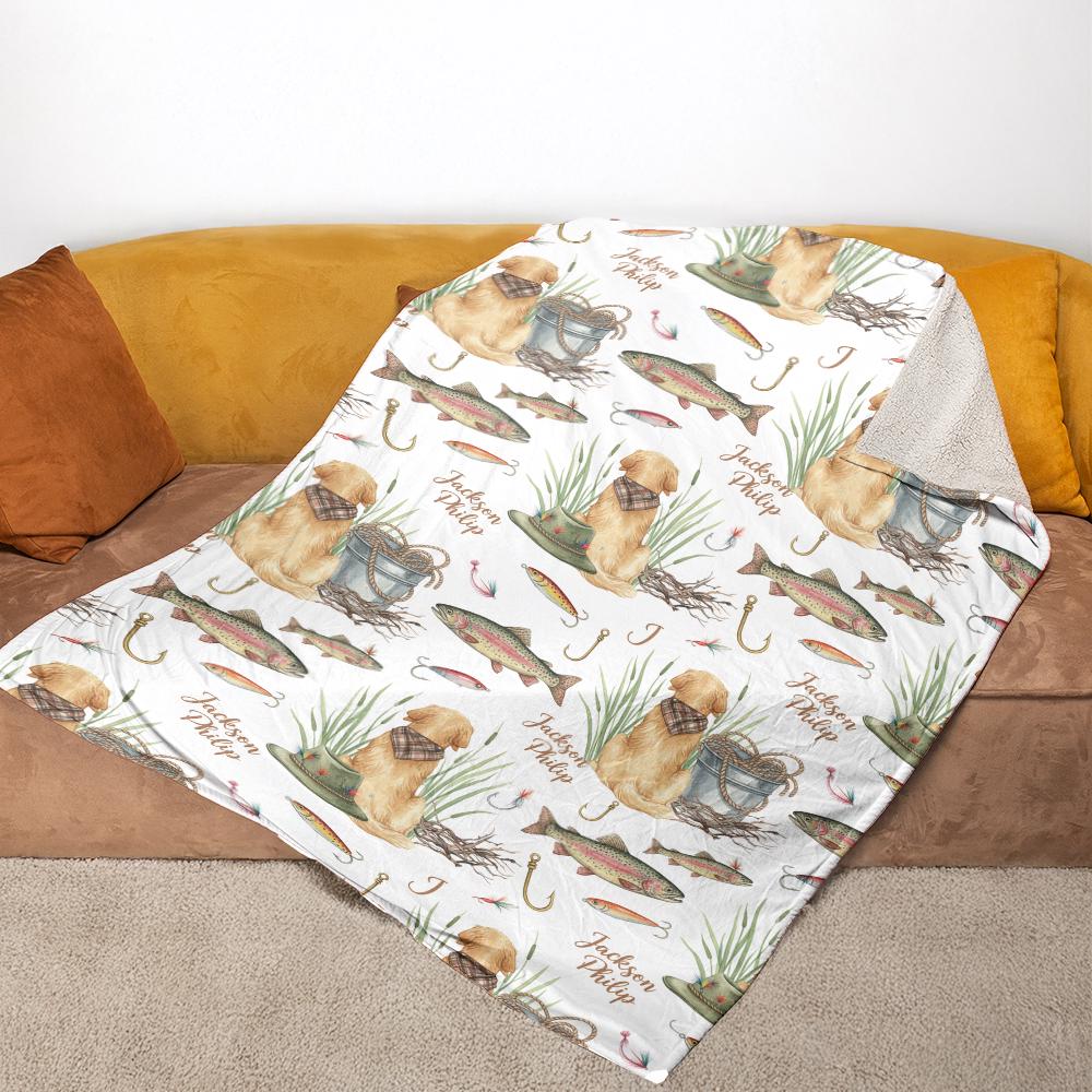 Personalized Dog Fishing Blanket – Custom Golden Retriever & Trout Throw