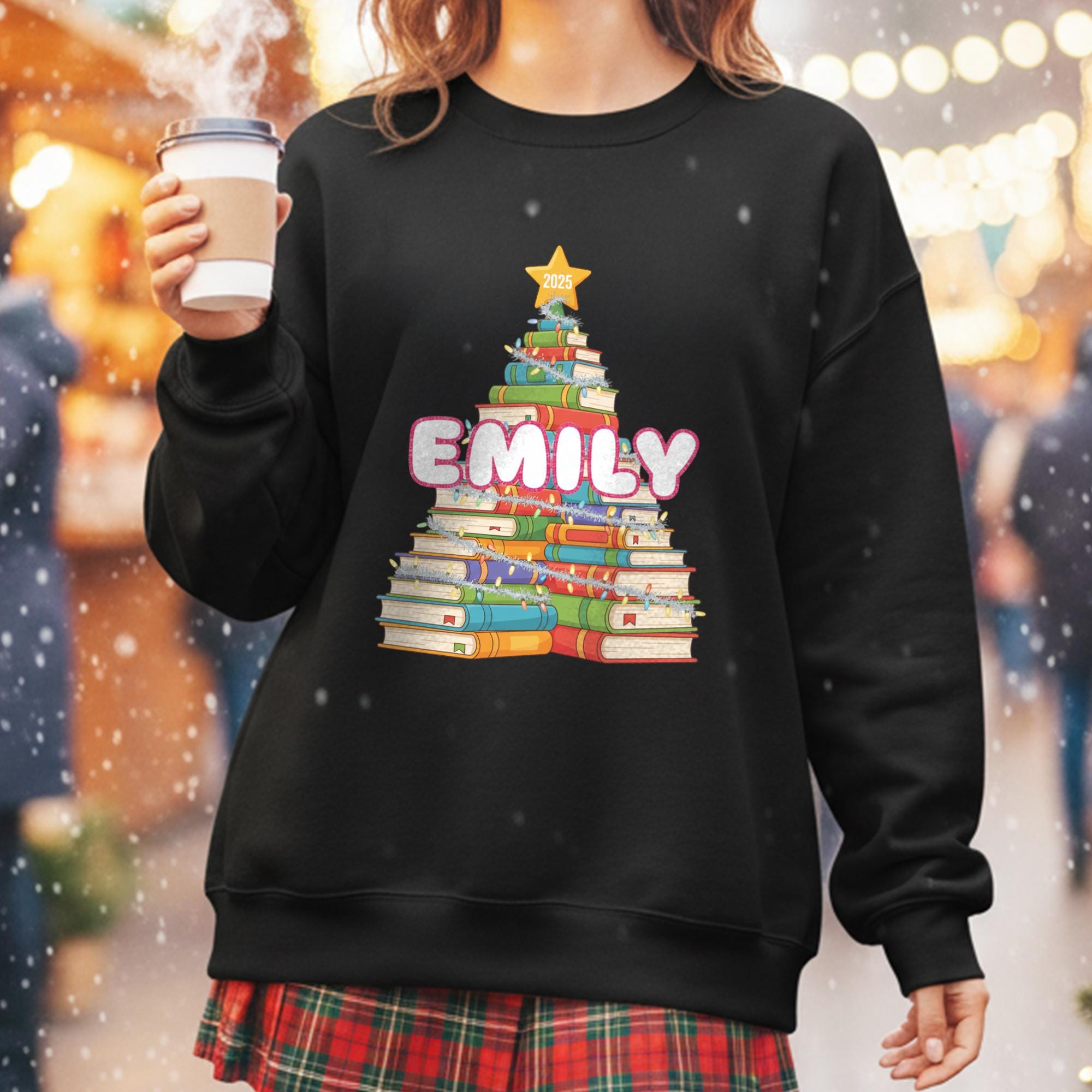 Personalized Book Tree Sweatshirt – Custom Name Reading Christmas Crewneck, Book Lover Holiday Pullover 2025