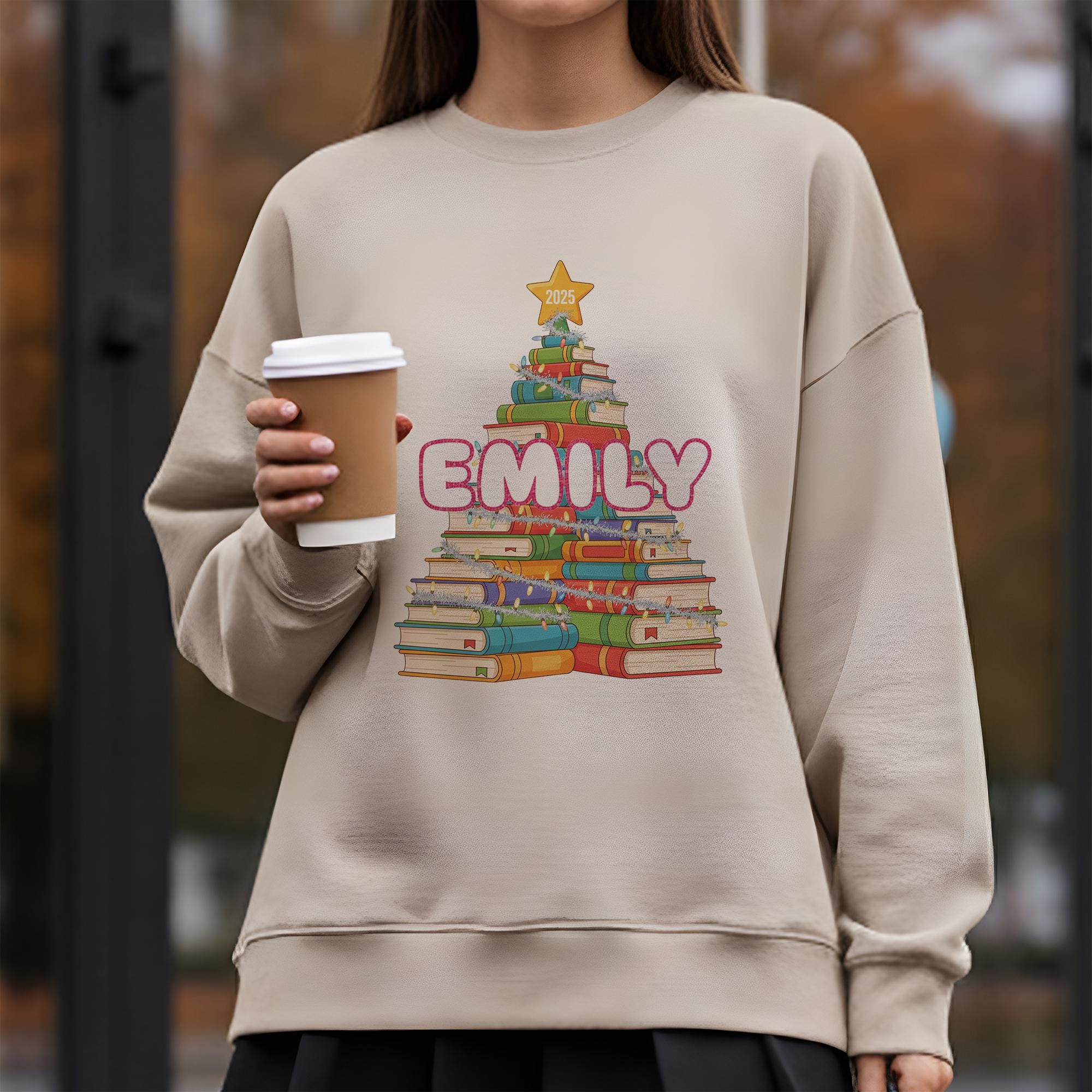 Personalized Book Tree Sweatshirt – Custom Name Reading Christmas Crewneck, Book Lover Holiday Pullover 2025
