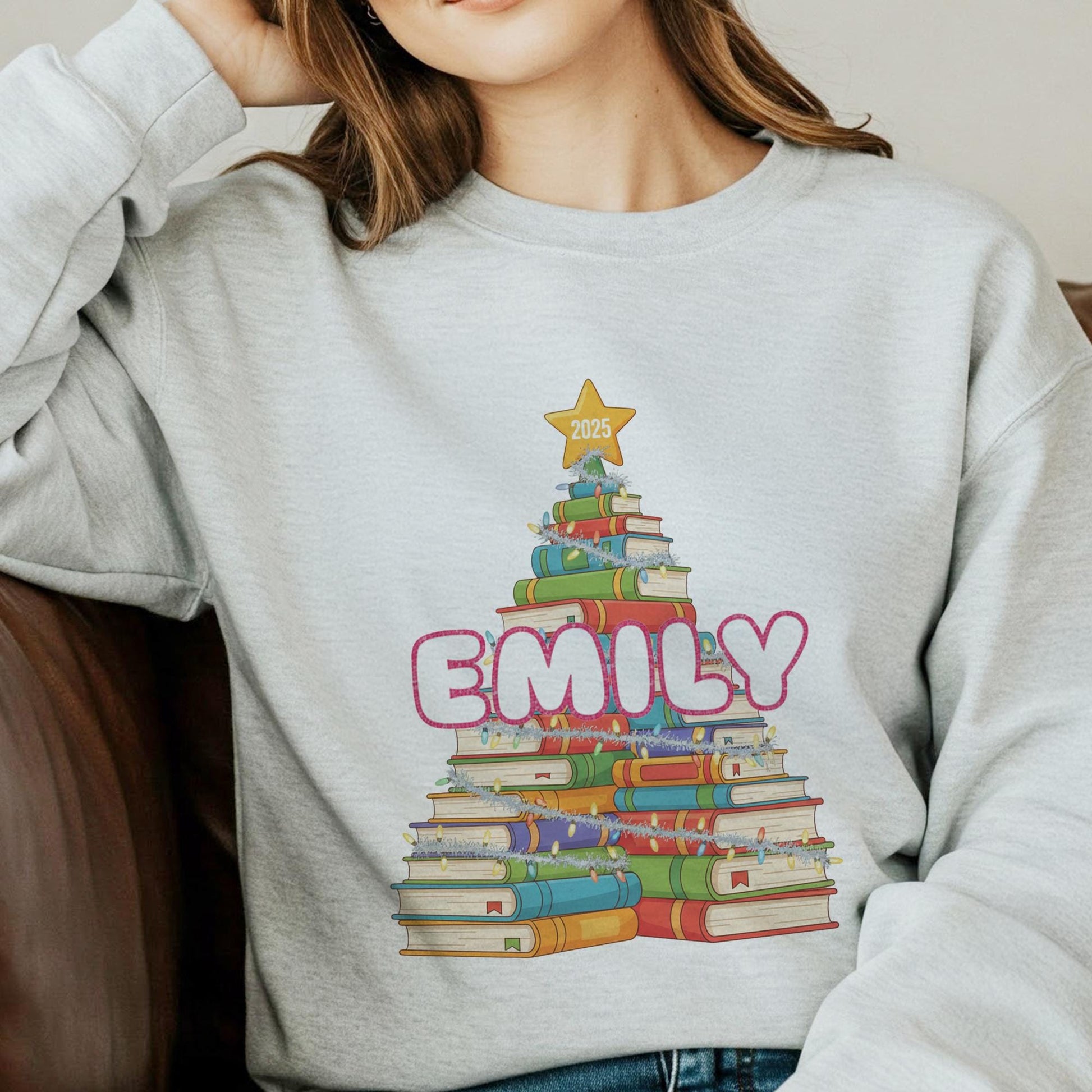 Personalized Book Tree Sweatshirt – Custom Name Reading Christmas Crewneck, Book Lover Holiday Pullover 2025