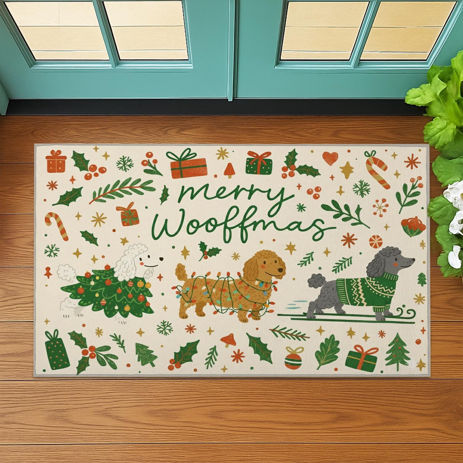 Dog Christmas Doormat – Merry Woofmas Print, Indoor Outdoor Holiday Mat