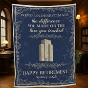 Custom Retirement Blanket, Personalized Fleece Throw, Office Farewell Decor, Company Building Design