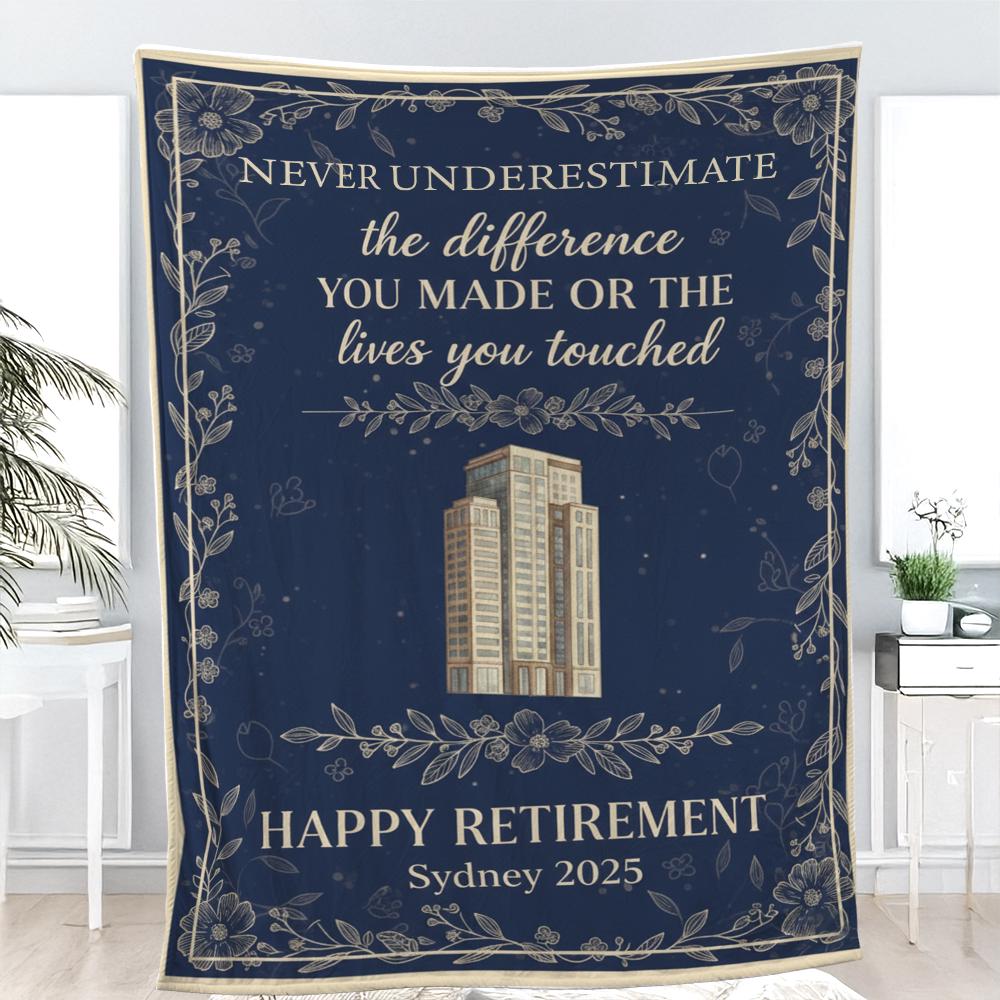 Custom Retirement Blanket, Personalized Fleece Throw, Office Farewell Decor, Company Building Design