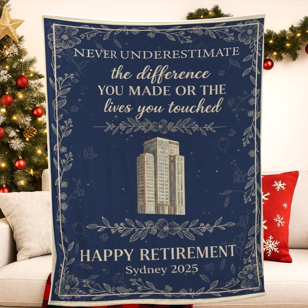 Custom Retirement Blanket, Personalized Fleece Throw, Office Farewell Decor, Company Building Design