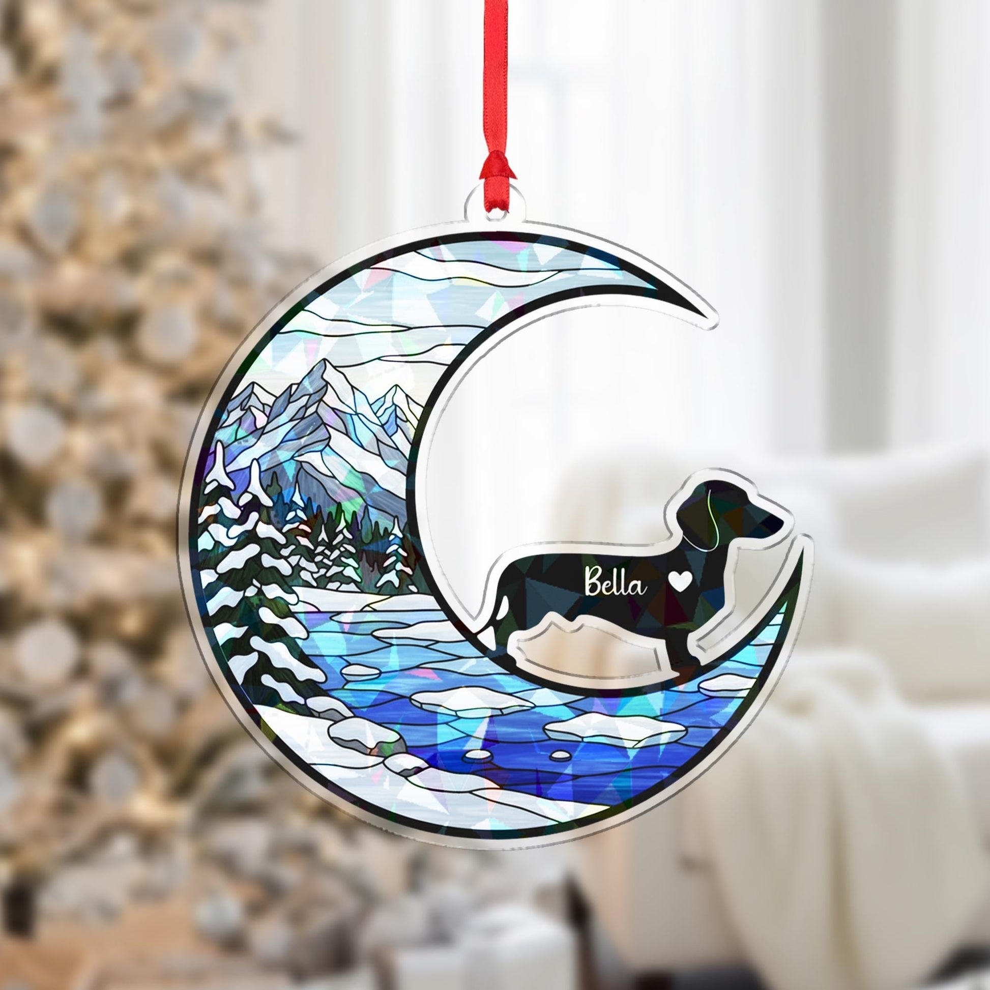 Personalized Dog Ornament: Moon & Winter Landscape, Custom Pet Christmas Decor