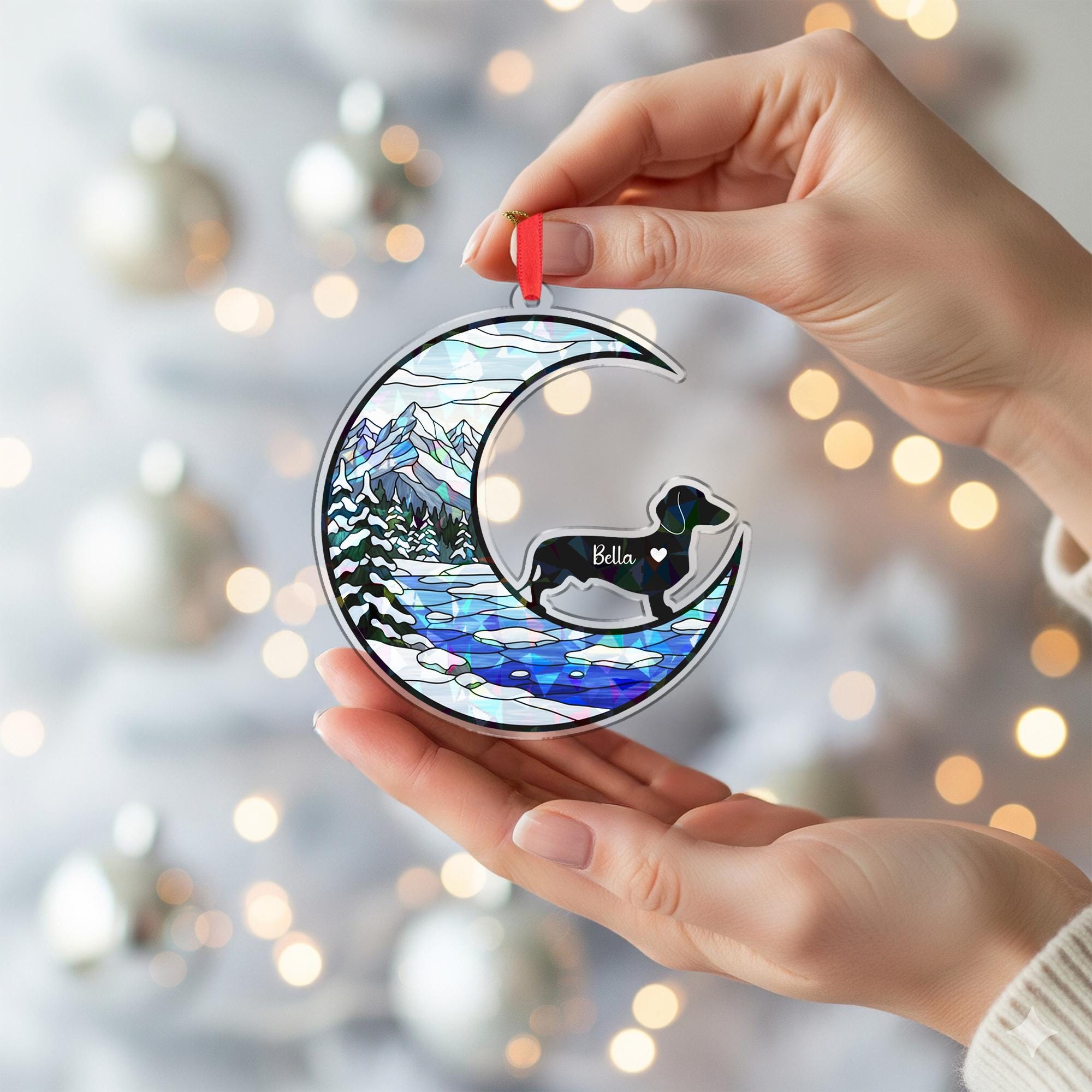 Personalized Dog Ornament: Moon & Winter Landscape, Custom Pet Christmas Decor