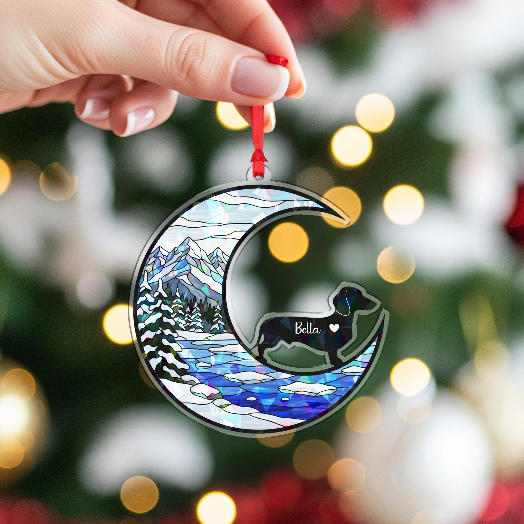 Personalized Dog Ornament: Moon & Winter Landscape, Custom Pet Christmas Decor