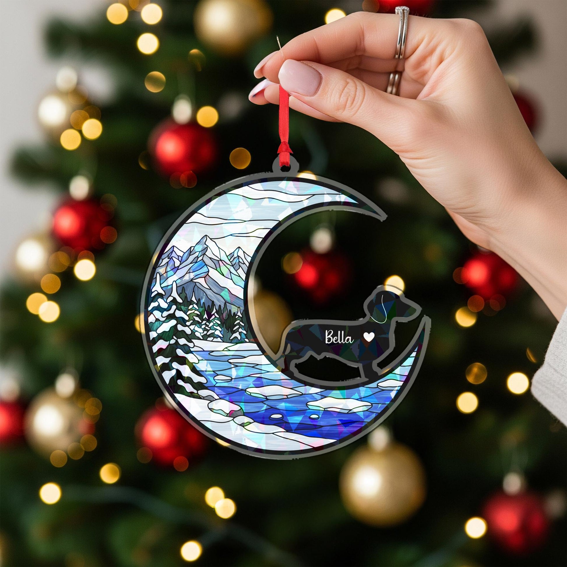 Personalized Dog Ornament: Moon & Winter Landscape, Custom Pet Christmas Decor