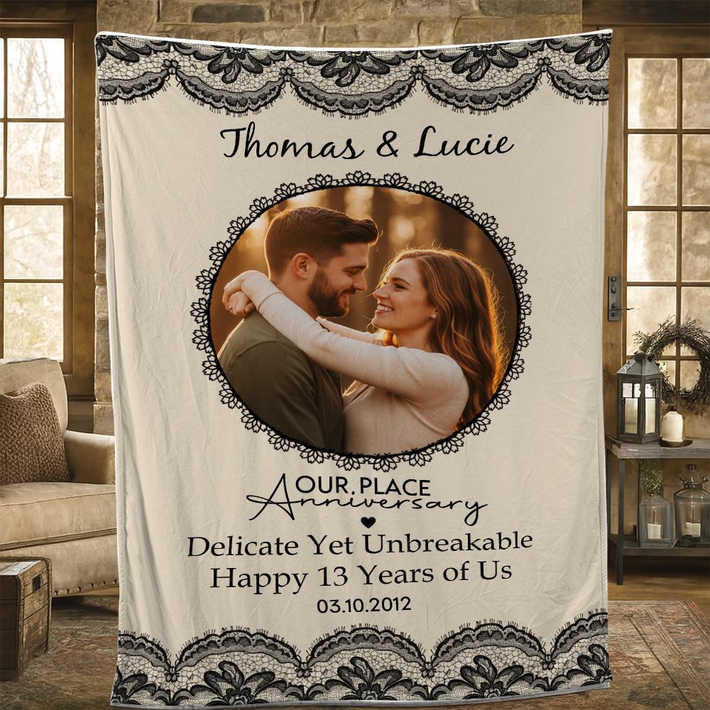 Custom Lace Anniversary Blanket, Personalized Fleece Throw with Photo, 13 Year Marriage Decor