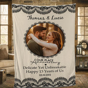 Custom Lace Anniversary Blanket, Personalized Fleece Throw with Photo, 13 Year Marriage Decor
