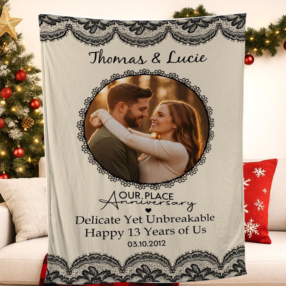 Custom Lace Anniversary Blanket, Personalized Fleece Throw with Photo, 13 Year Marriage Decor