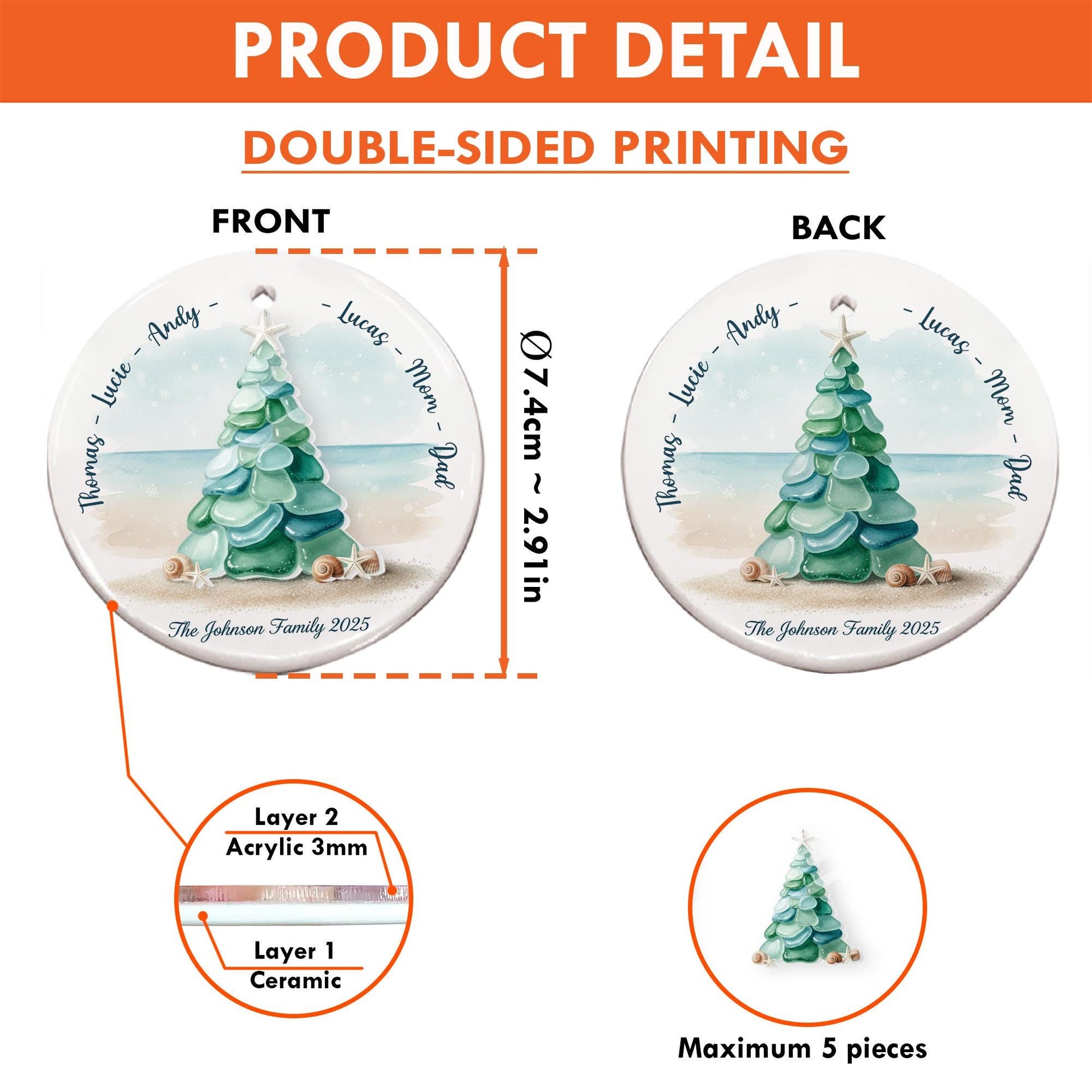 Custom Family Ornament, Ceramic and Acrylic Accent, Beach Christmas Decor, Family Xmas Tree Design