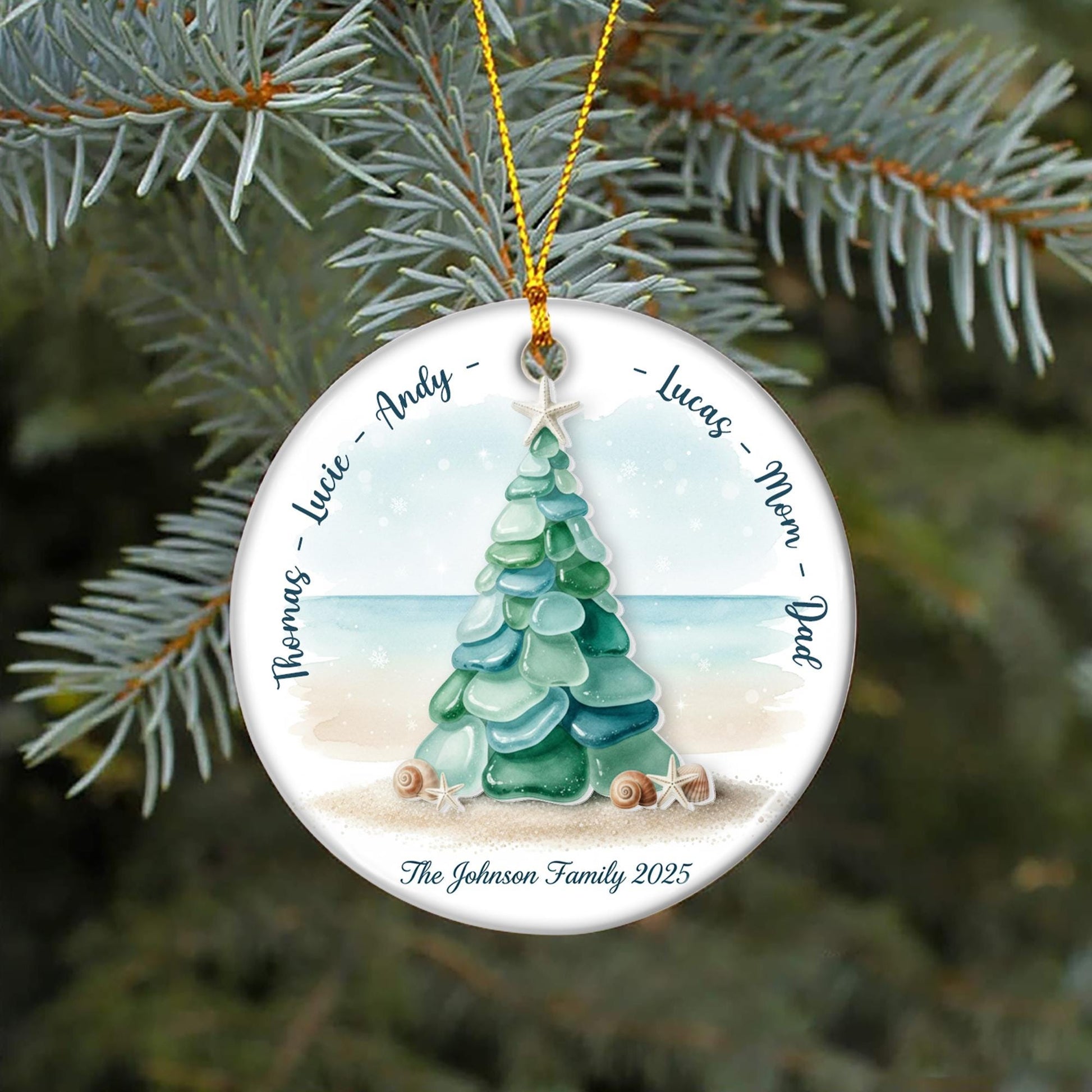 Custom Family Ornament, Ceramic and Acrylic Accent, Beach Christmas Decor, Family Xmas Tree Design