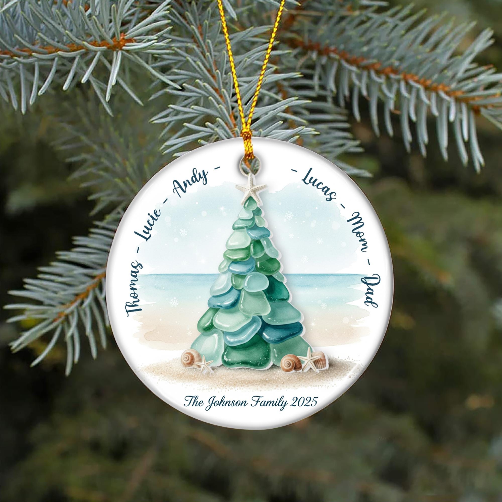 Custom Family Ornament, Ceramic and Acrylic Accent, Beach Christmas Decor, Family Xmas Tree Design