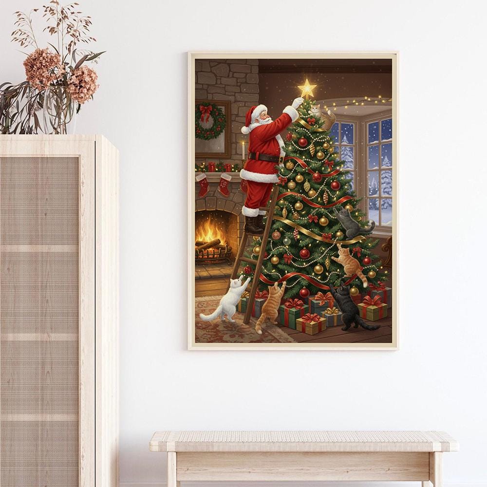 Merry Catmas Poster – Cat Christmas Illustration, Wall Art Print