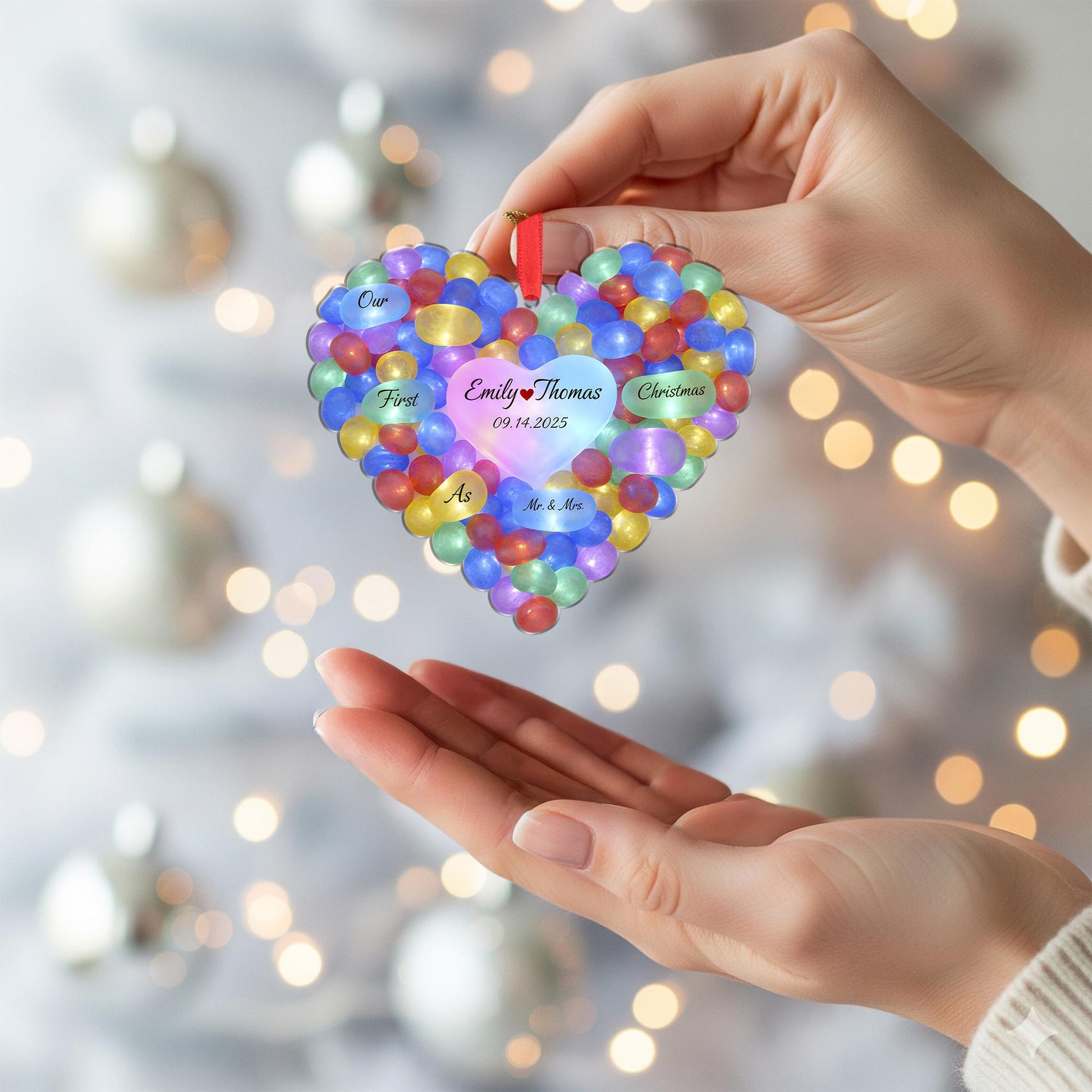 Personalized Heart Stone Christmas Ornament, Sea Style, Couple Names and Date