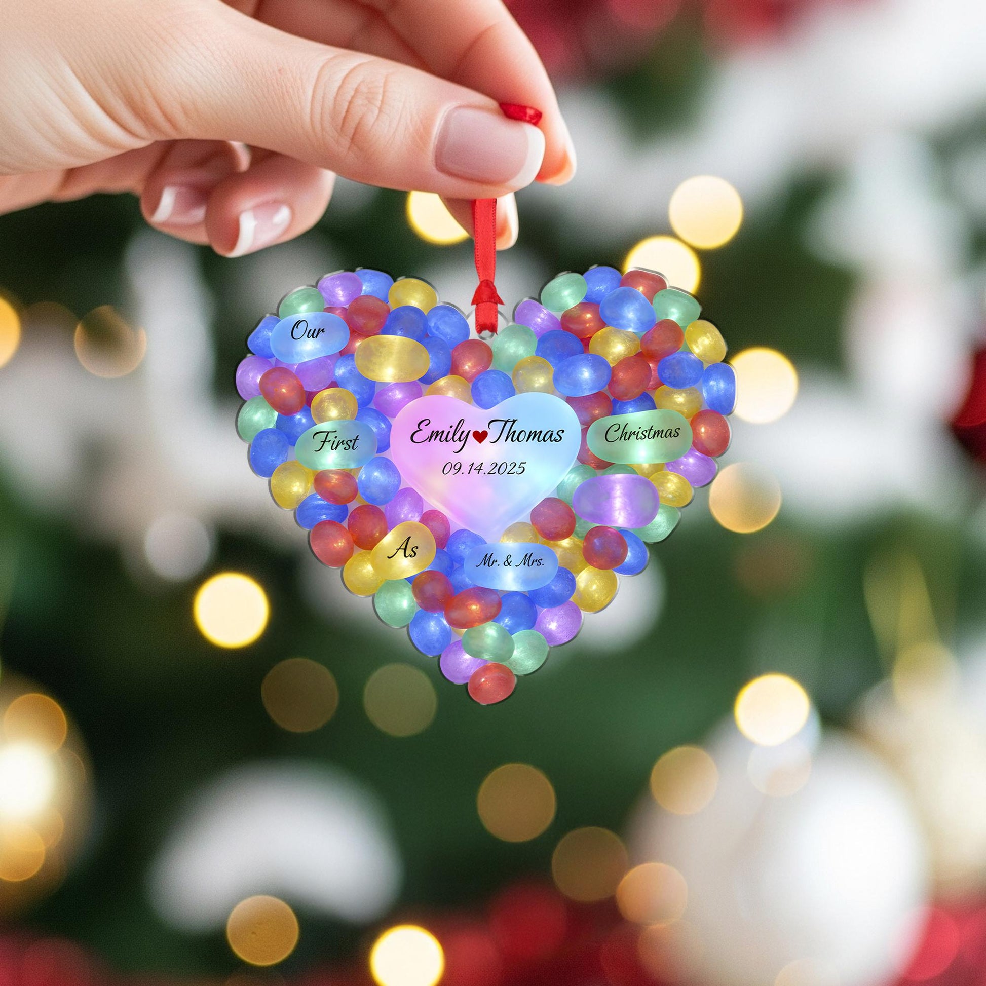 Personalized Heart Stone Christmas Ornament, Sea Style, Couple Names and Date