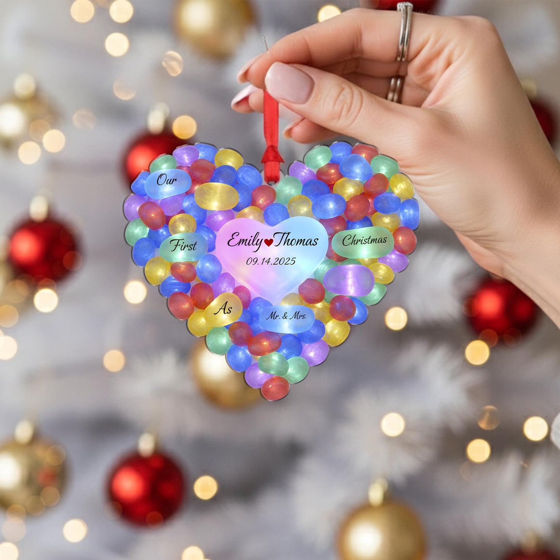 Personalized Heart Stone Christmas Ornament, Sea Style, Couple Names and Date