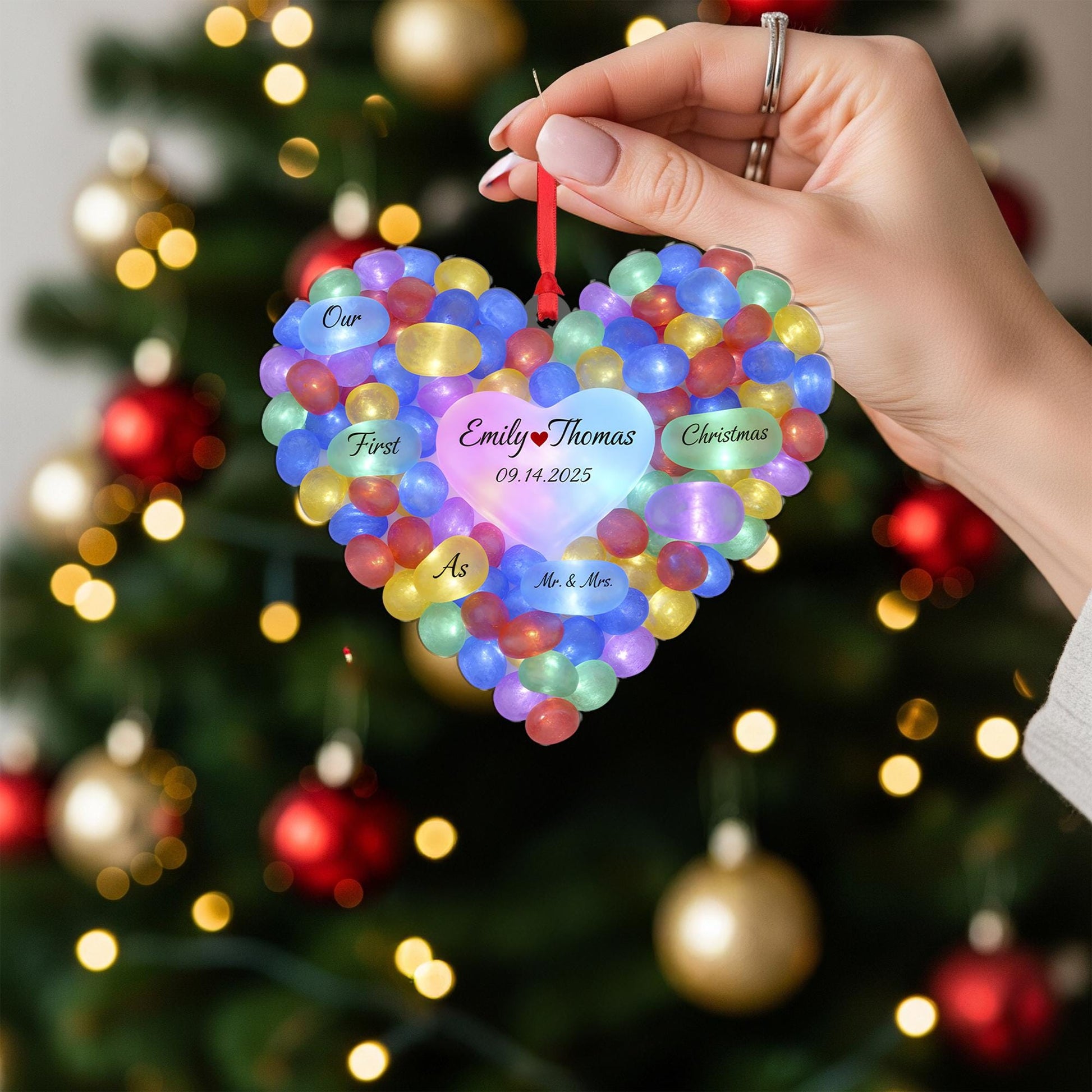 Personalized Heart Stone Christmas Ornament, Sea Style, Couple Names and Date