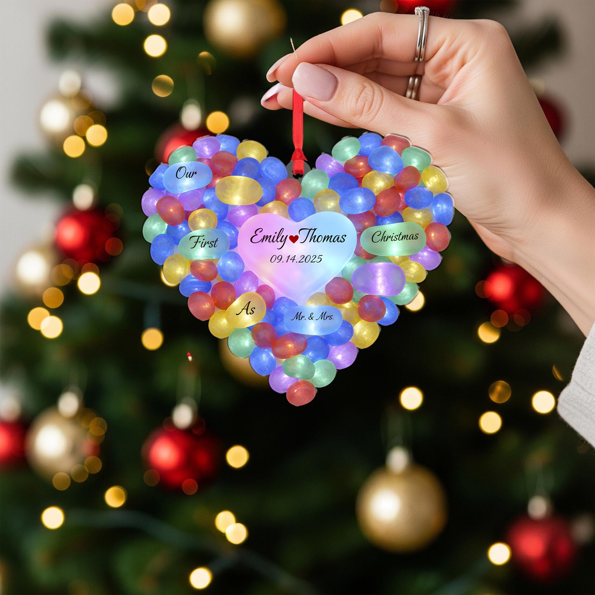 Personalized Heart Stone Christmas Ornament, Sea Style, Couple Names and Date