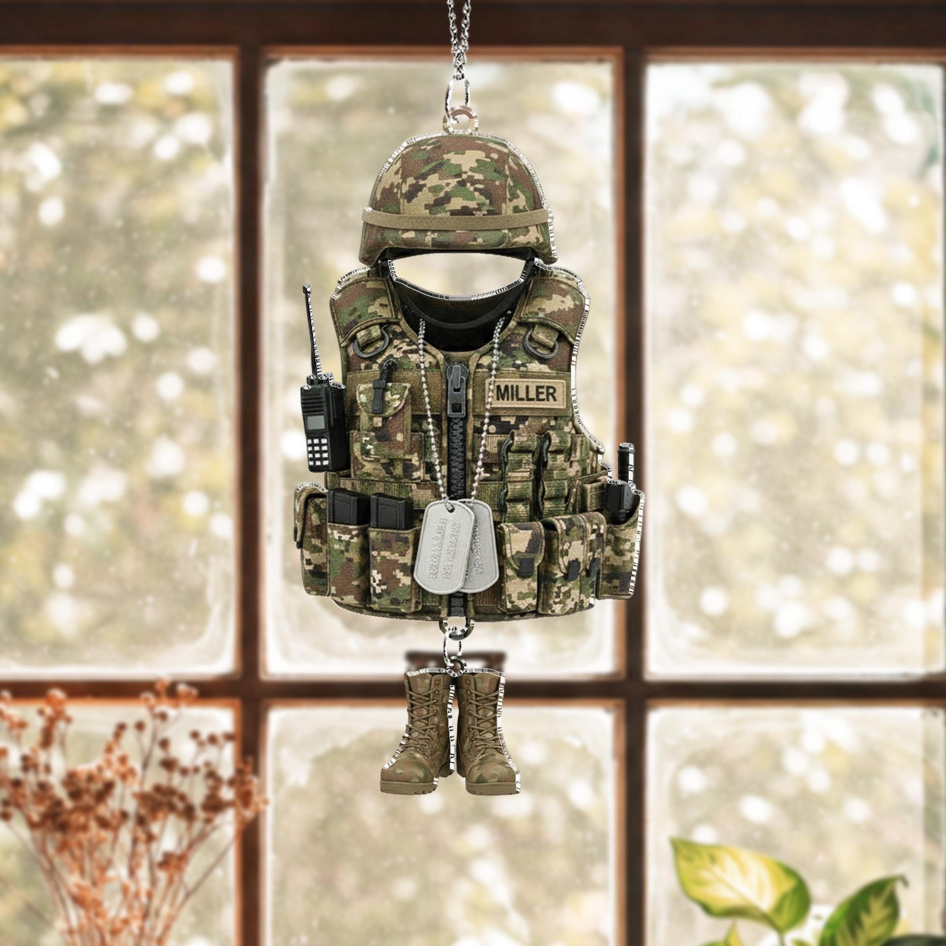Militaristic Helmet & Vest Ornament – Camouflage Soldier Hanging Decor with Boots Charm