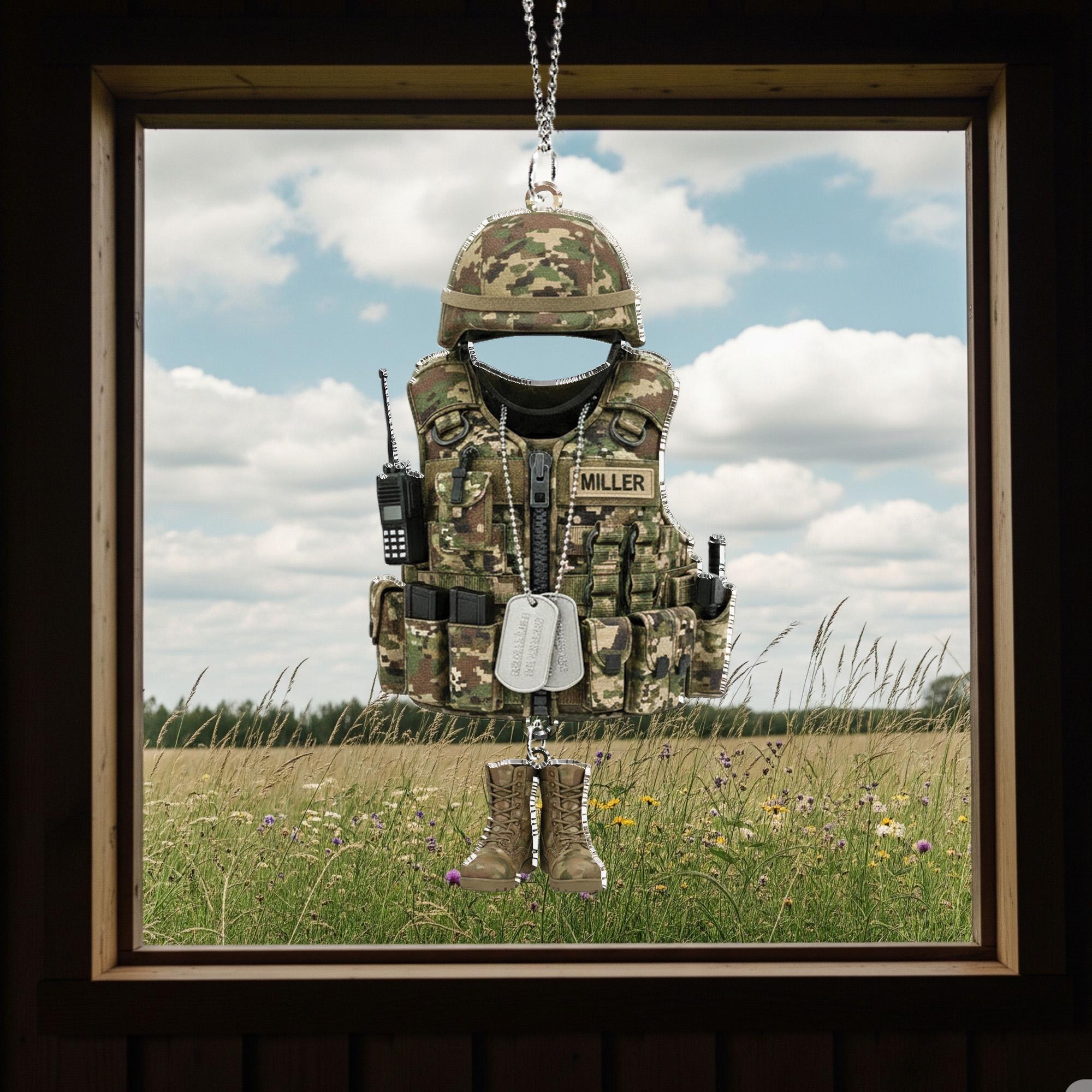 Militaristic Helmet & Vest Ornament – Camouflage Soldier Hanging Decor with Boots Charm