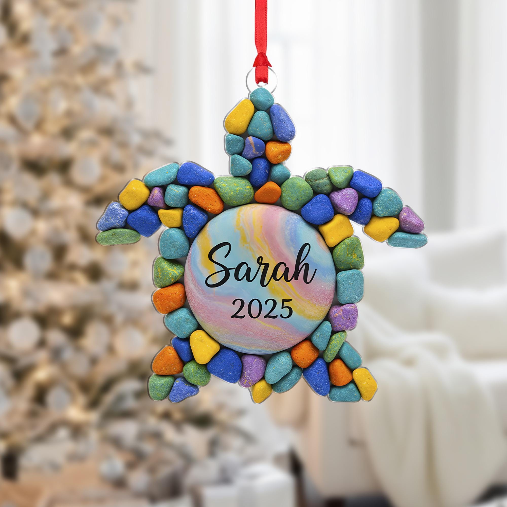 Personalized Turtle Stone Christmas Ornament, Sea Style, Custom Name and Year