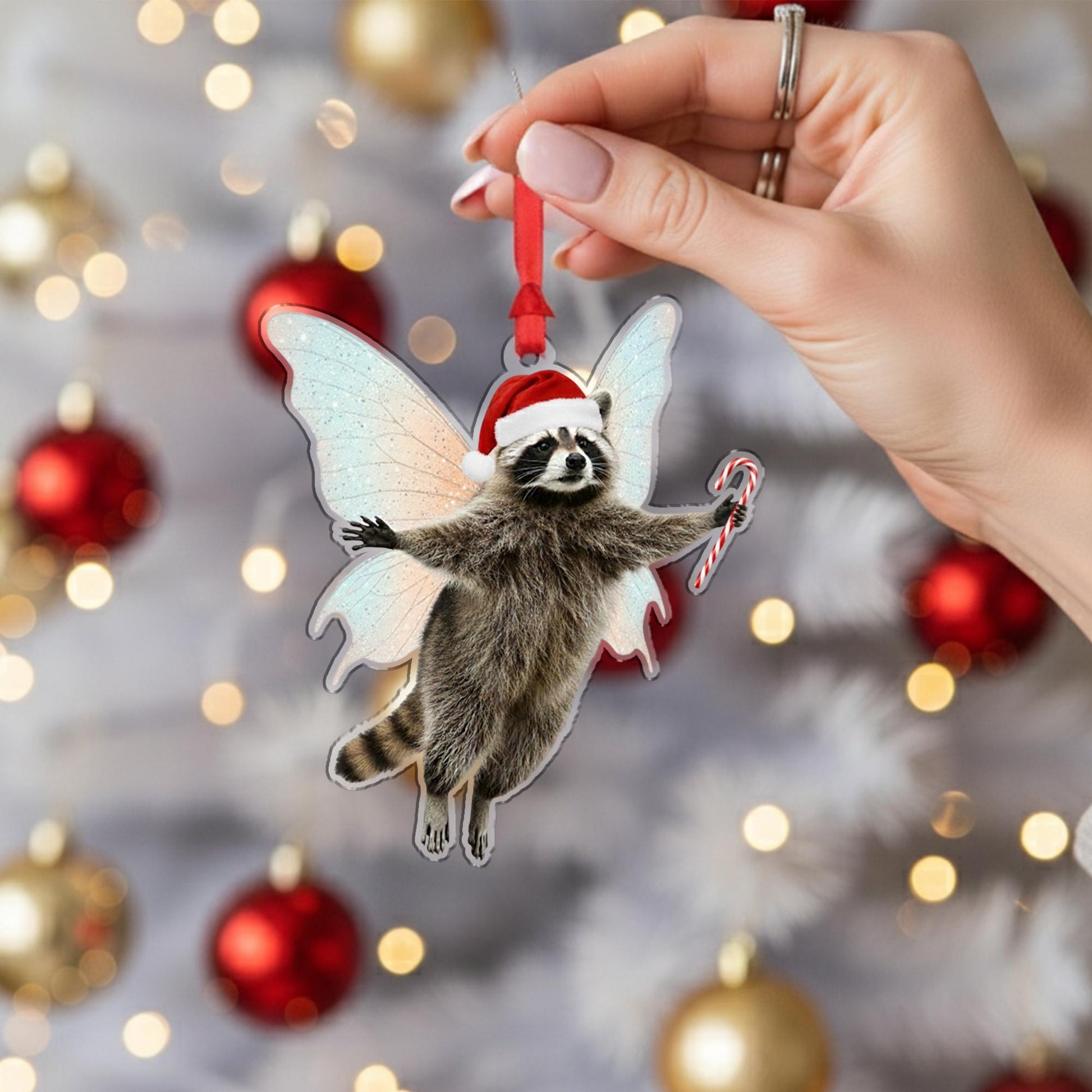 Raccoon Fairy Ornament – Candy Cane Christmas Animal Hanging Decoration
