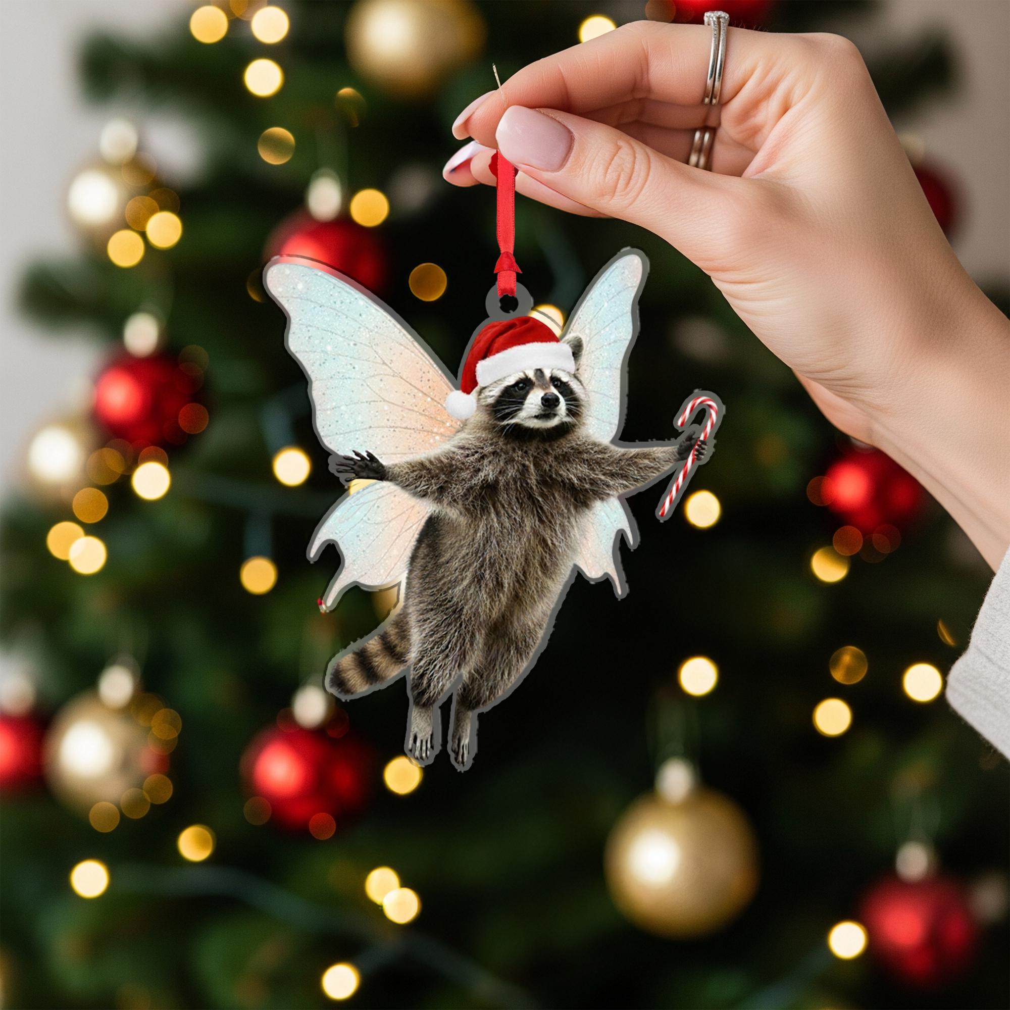 Raccoon Fairy Ornament – Candy Cane Christmas Animal Hanging Decoration