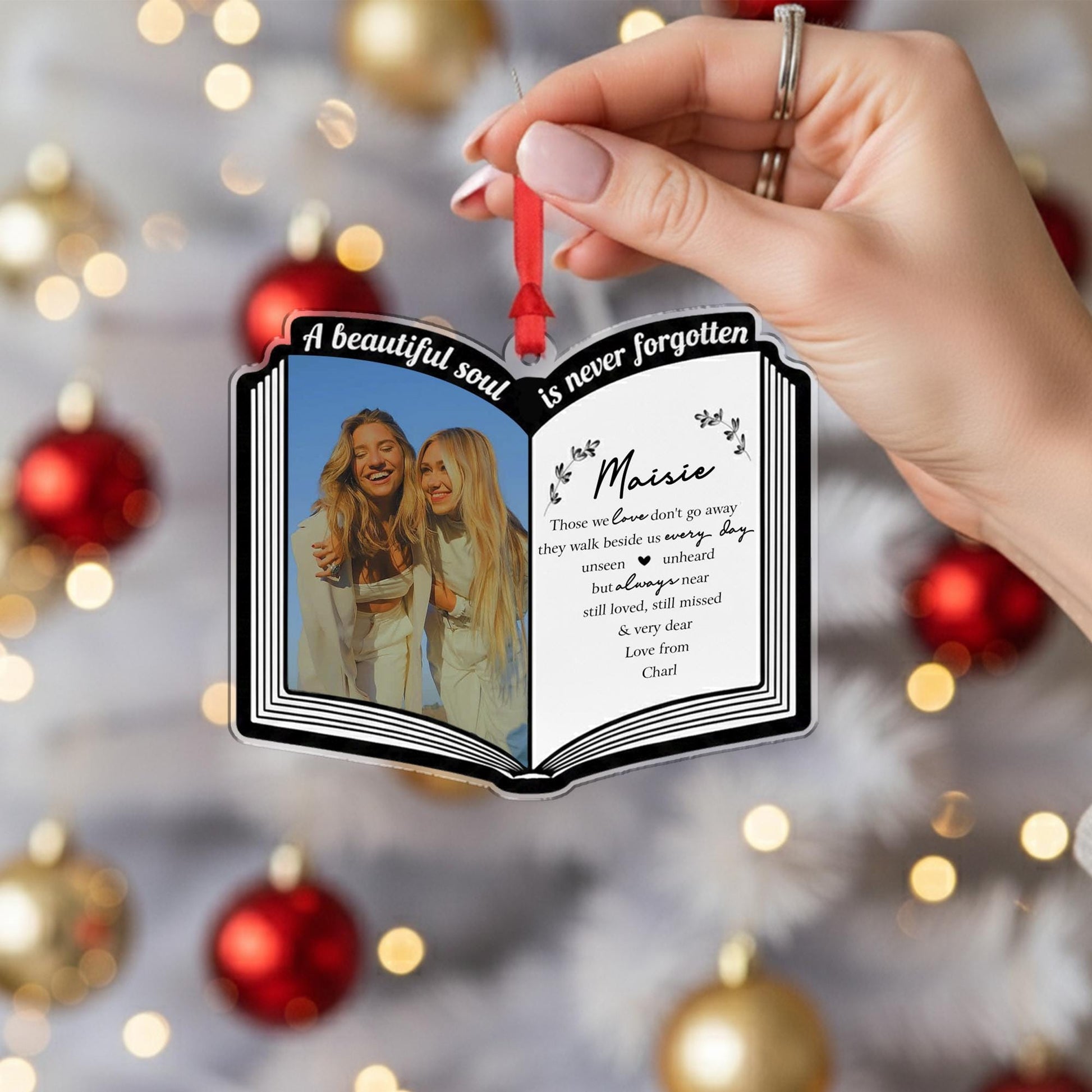 Book Shape Custom Photo Ornament, Personalized Name and Message, Memorial Keepsake