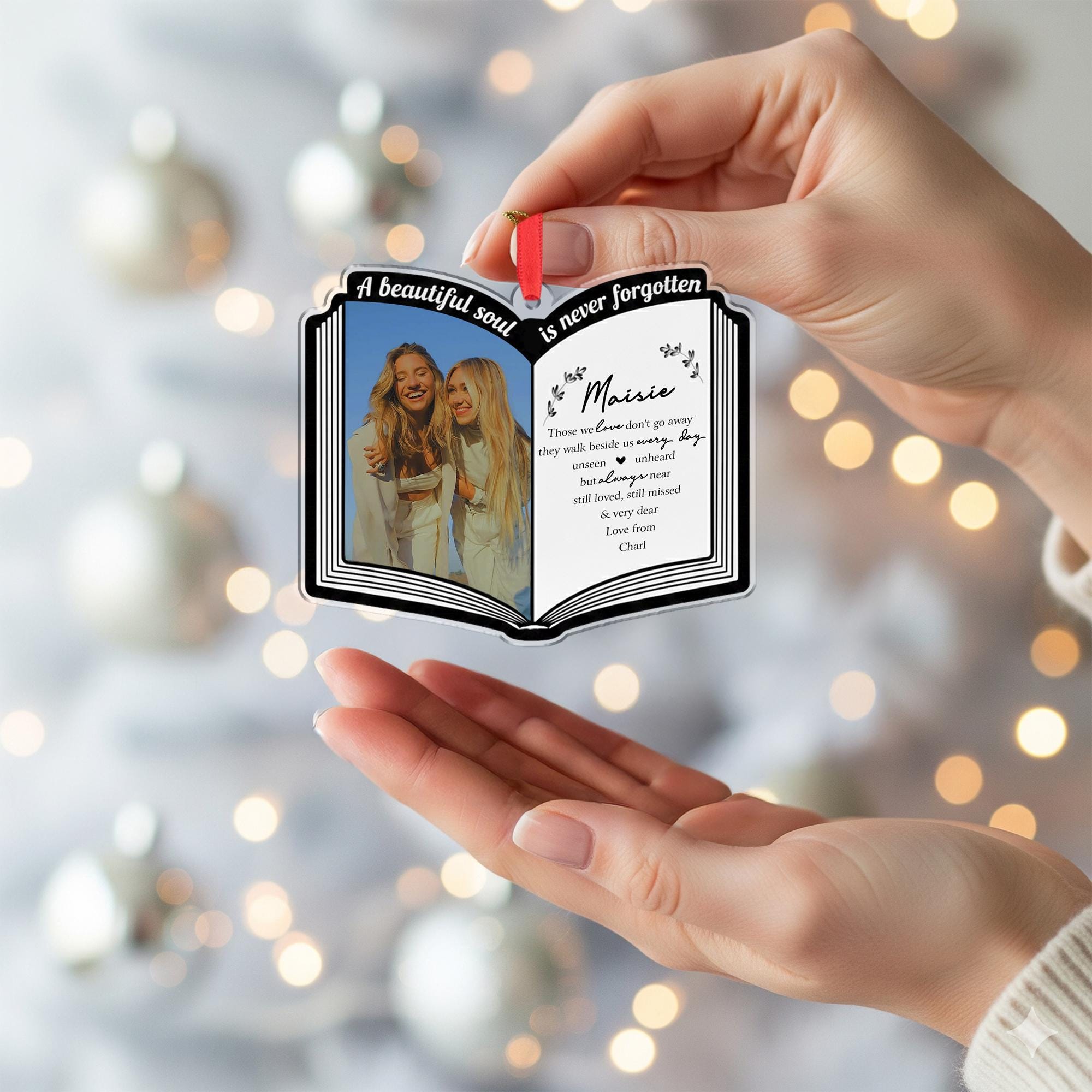 Book Shape Custom Photo Ornament, Personalized Name and Message, Memorial Keepsake