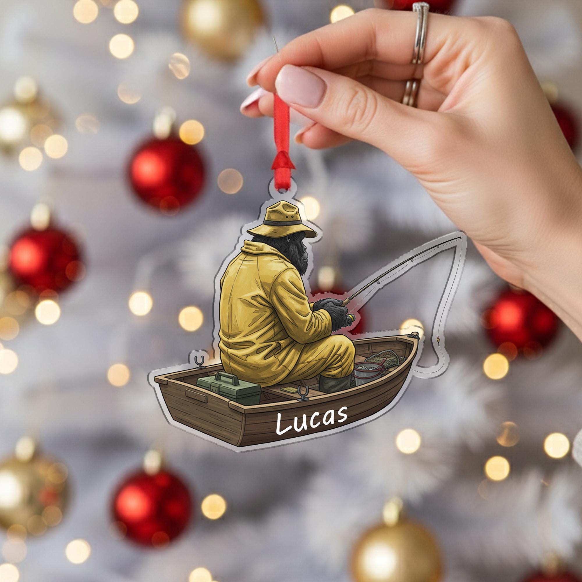 Personalized Bigfoot Sasquatch Fisherman Ornament: Fishing Boat Christmas Decor