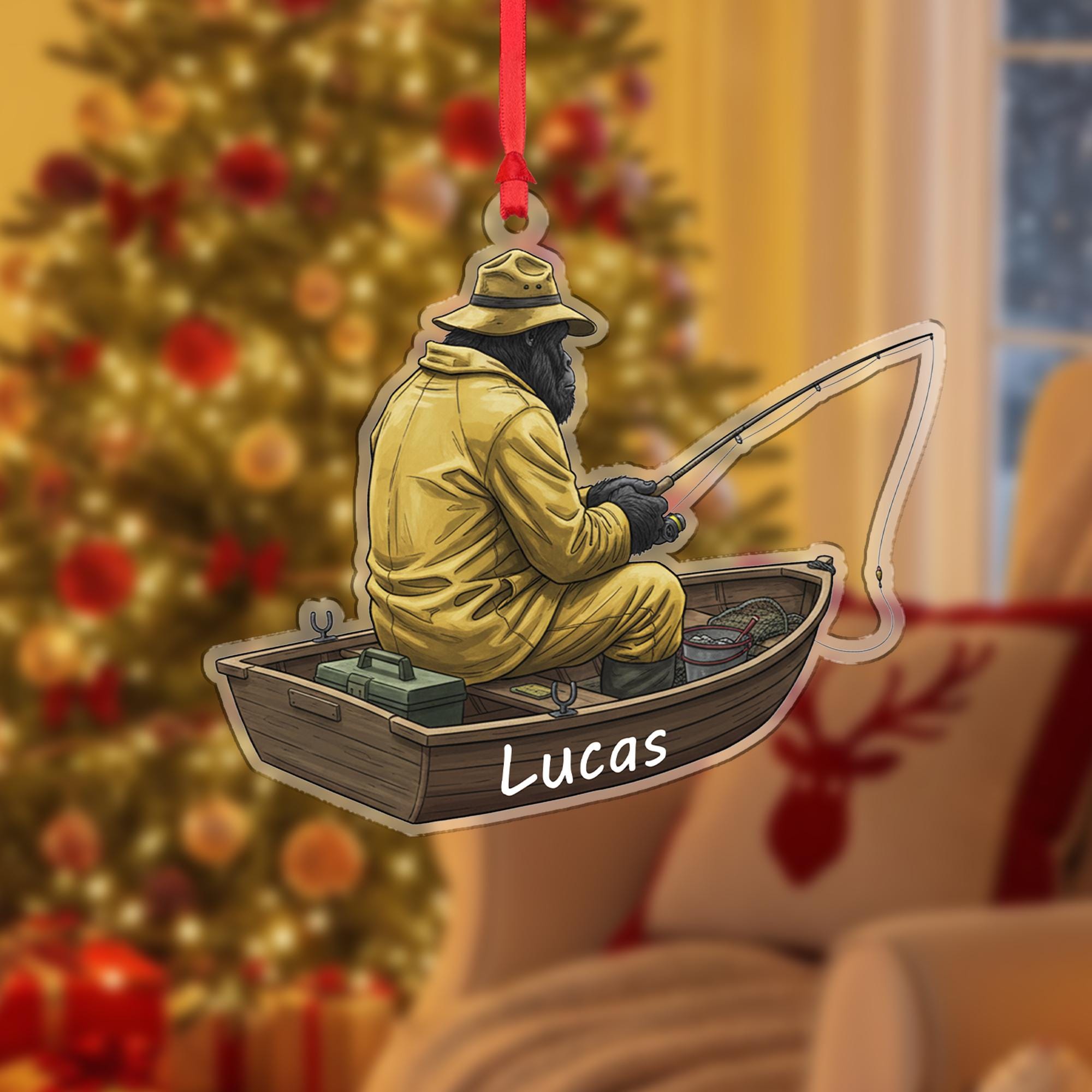 Personalized Bigfoot Sasquatch Fisherman Ornament: Fishing Boat Christmas Decor