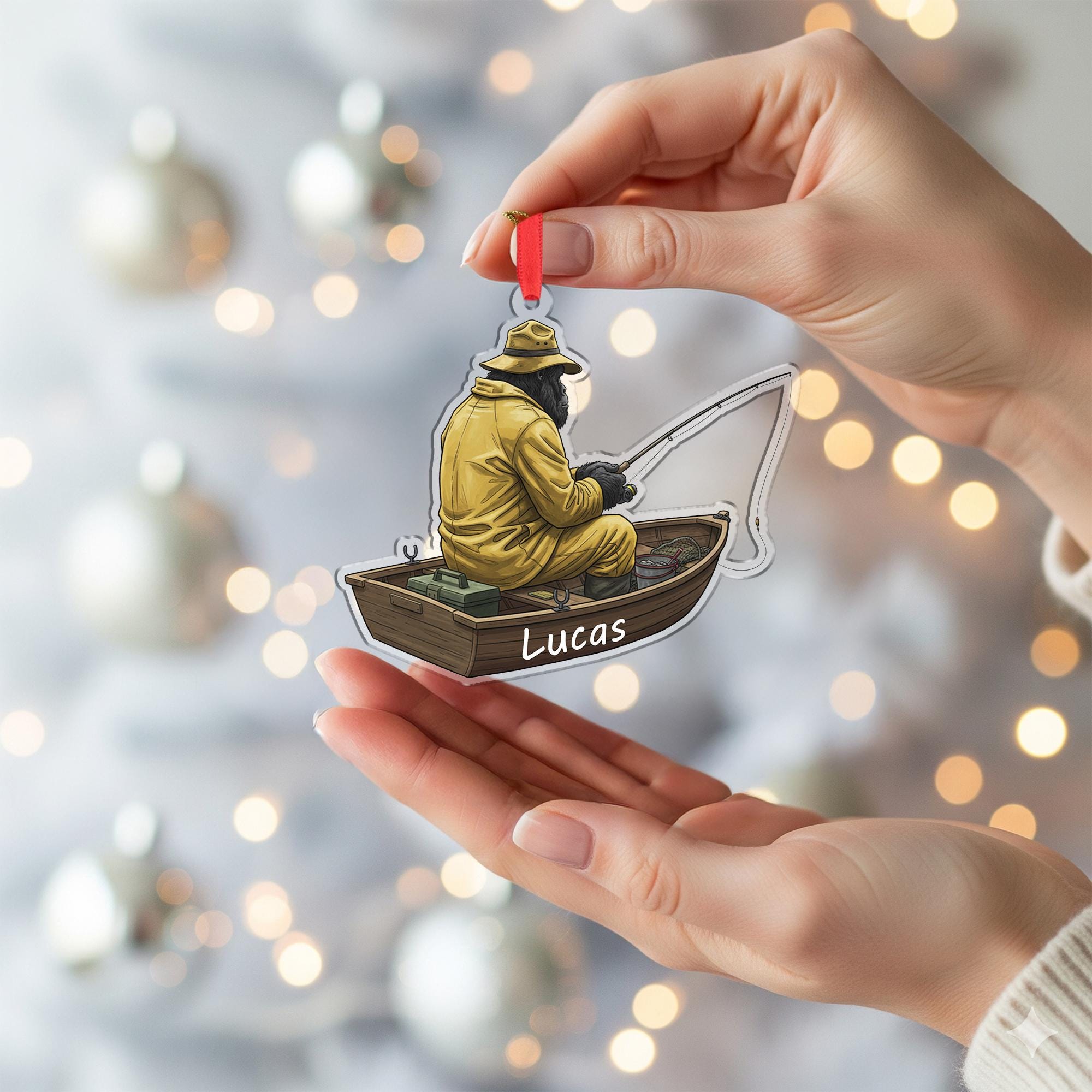 Personalized Bigfoot Sasquatch Fisherman Ornament: Fishing Boat Christmas Decor