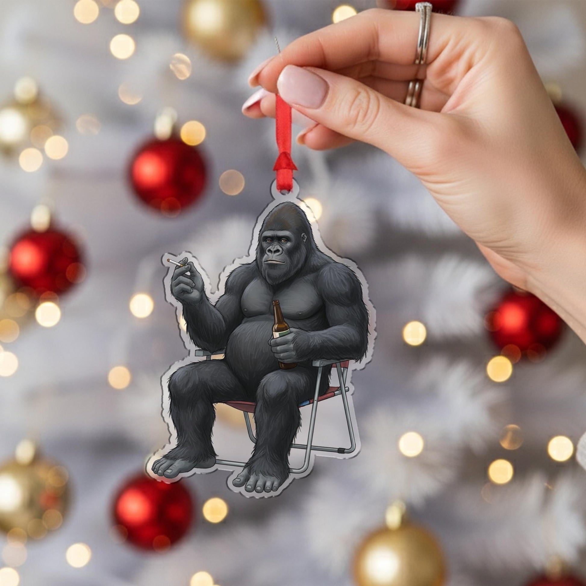 Bigfoot Sasquatch Smoking with Beer Acrylic Ornament: Funny Christmas Gag Gift