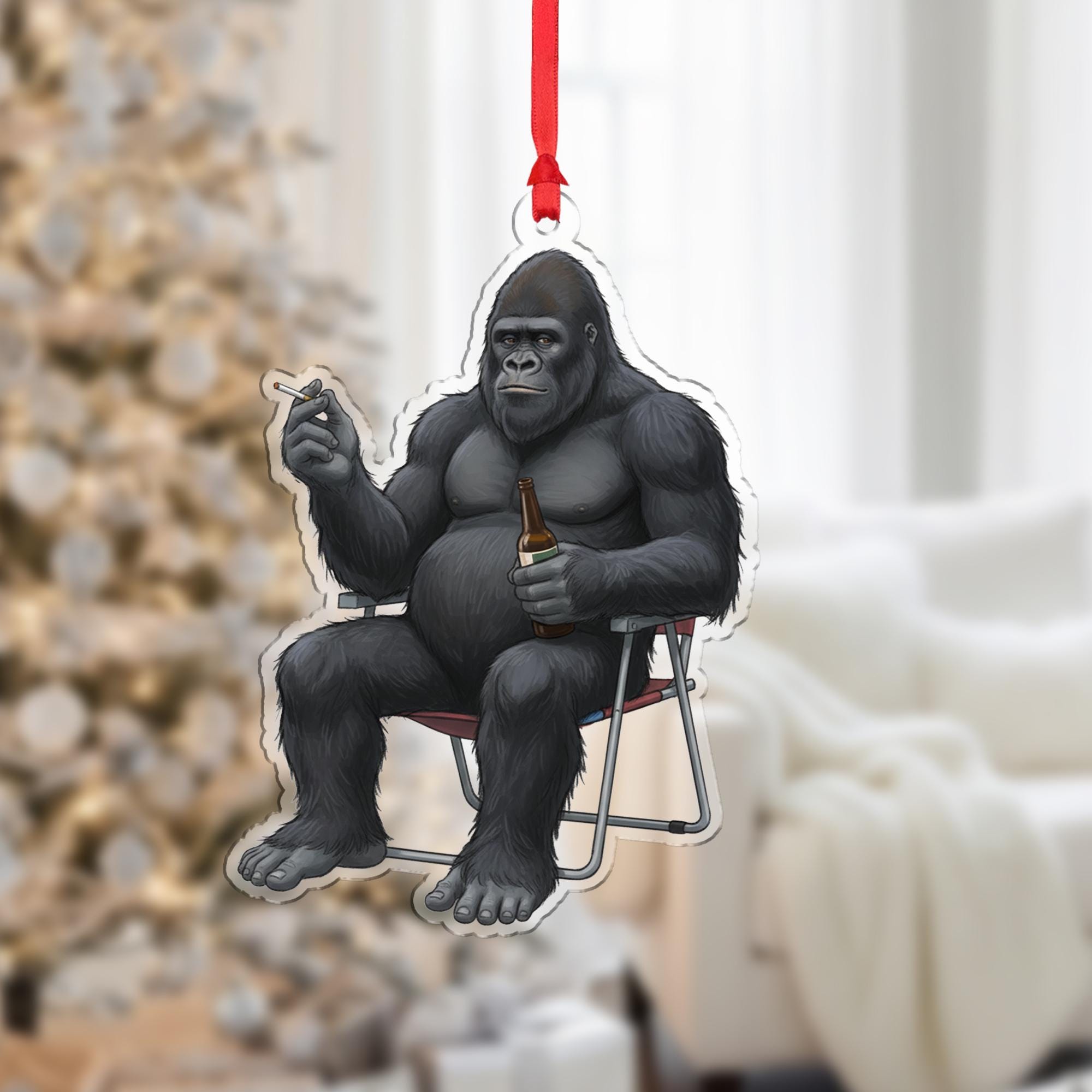 Bigfoot Sasquatch Smoking with Beer Acrylic Ornament: Funny Christmas Gag Gift