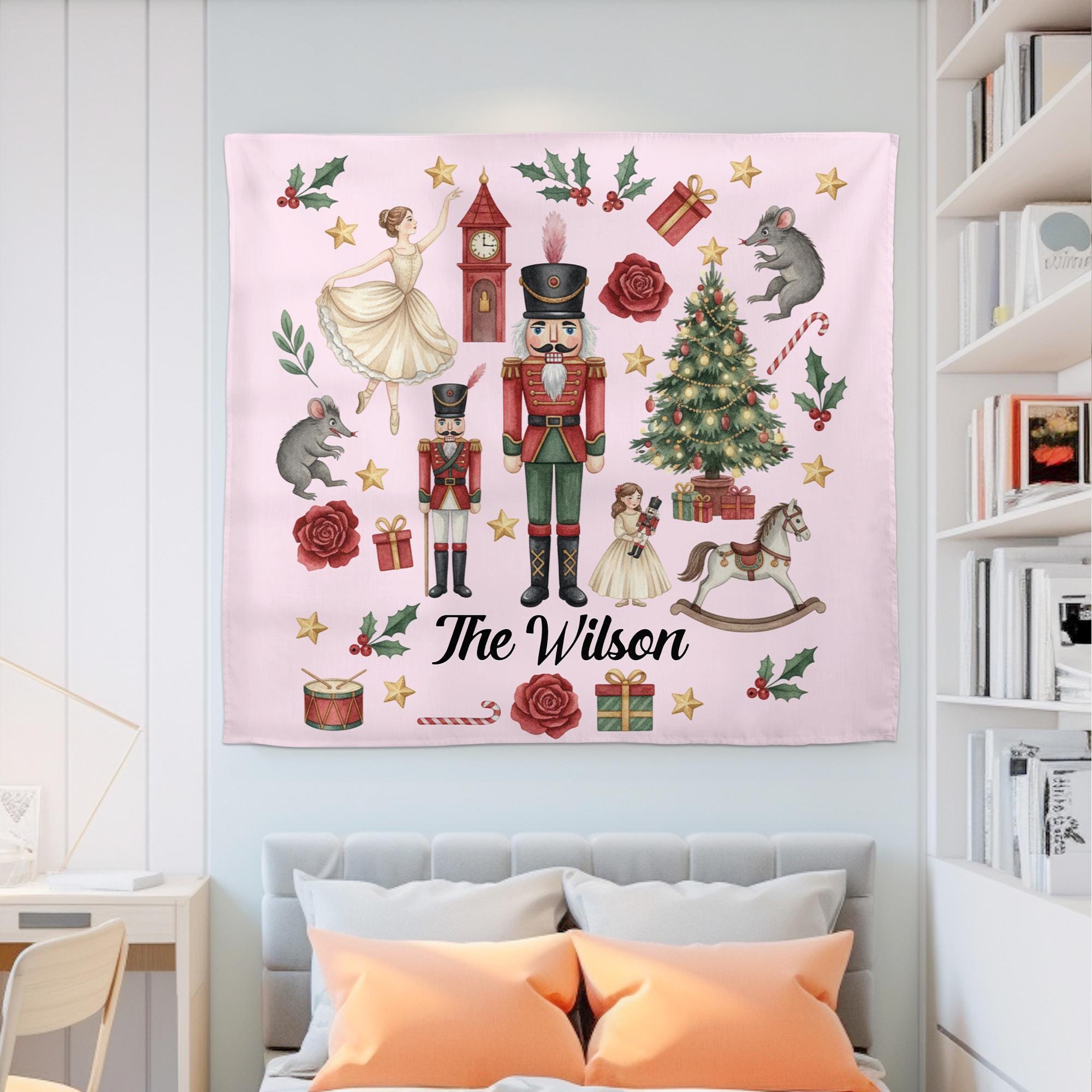 Nutcracker Christmas Tapestry Personalized Wall Hanging Holiday Decor Ballet Theme Custom Family Name