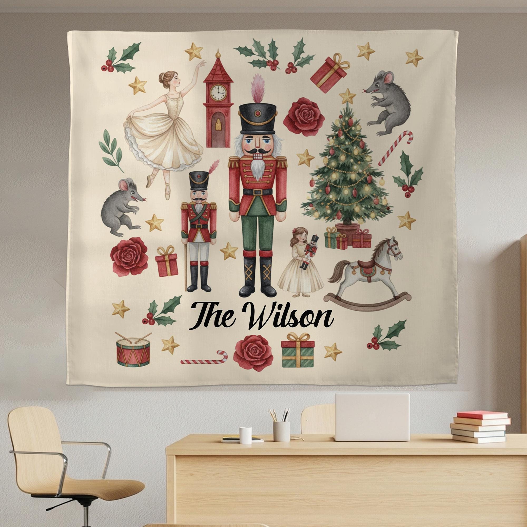 Nutcracker Christmas Tapestry Personalized Wall Hanging Holiday Decor Ballet Theme Custom Family Name