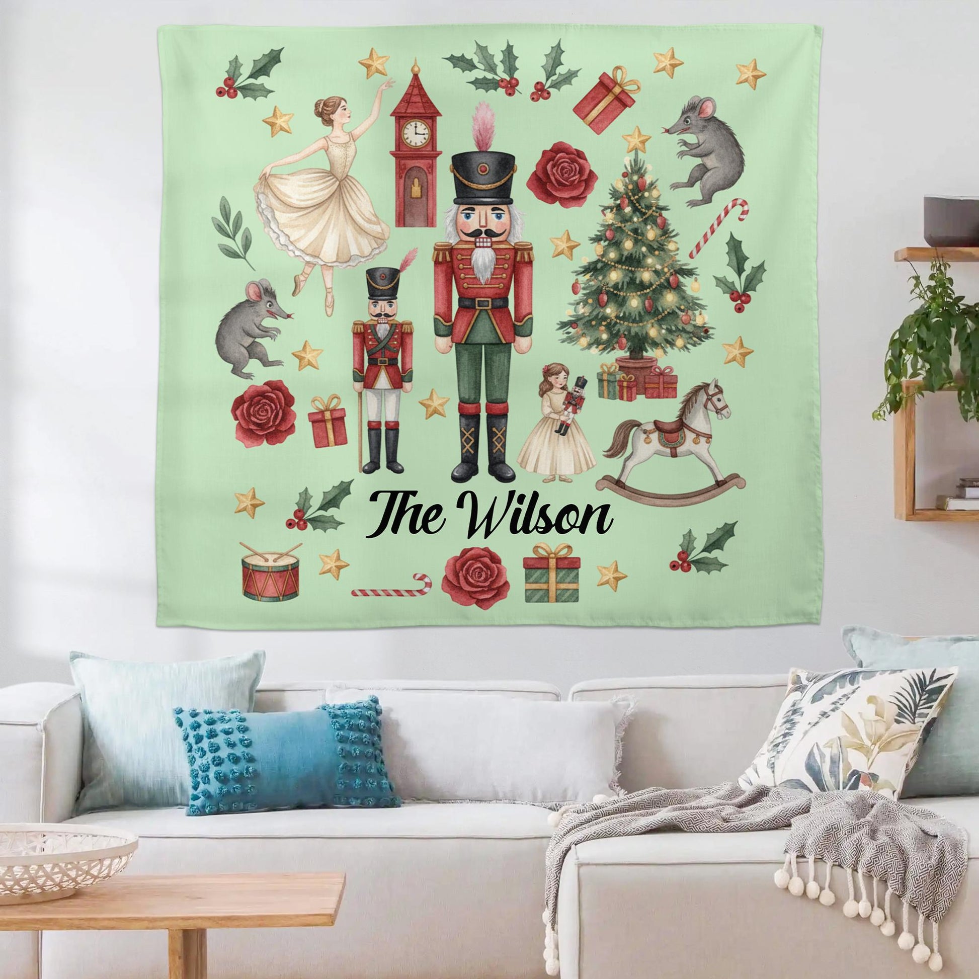 Nutcracker Christmas Tapestry Personalized Wall Hanging Holiday Decor Ballet Theme Custom Family Name