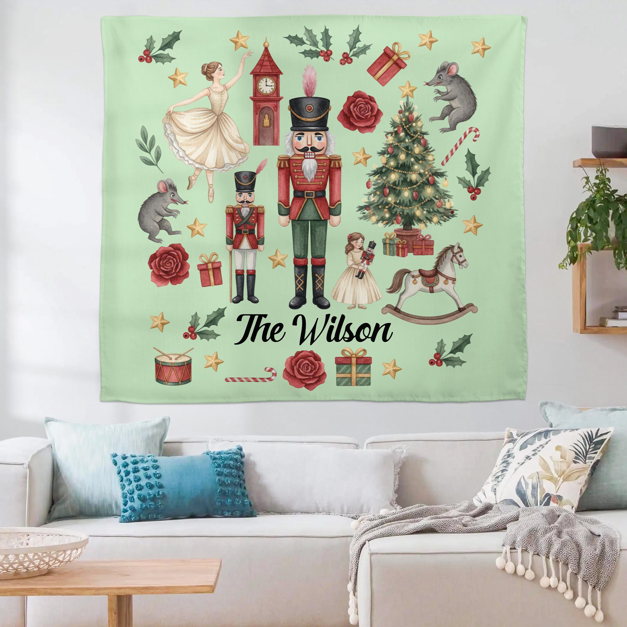 Nutcracker Christmas Tapestry Personalized Wall Hanging Holiday Decor Ballet Theme Custom Family Name