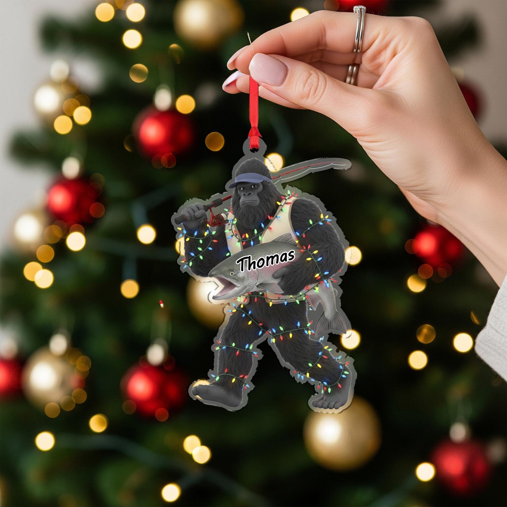 Personalized Sasquatch Bigfoot Fisherman Acrylic Ornament: Funny Fishing Christmas Decor