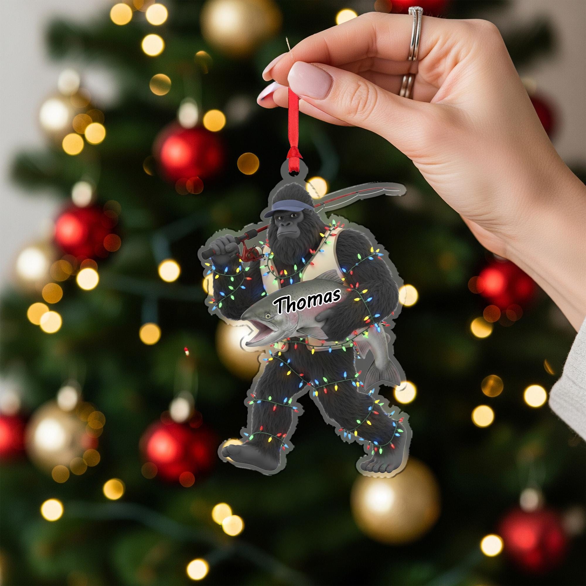 Personalized Sasquatch Bigfoot Fisherman Acrylic Ornament: Funny Fishing Christmas Decor