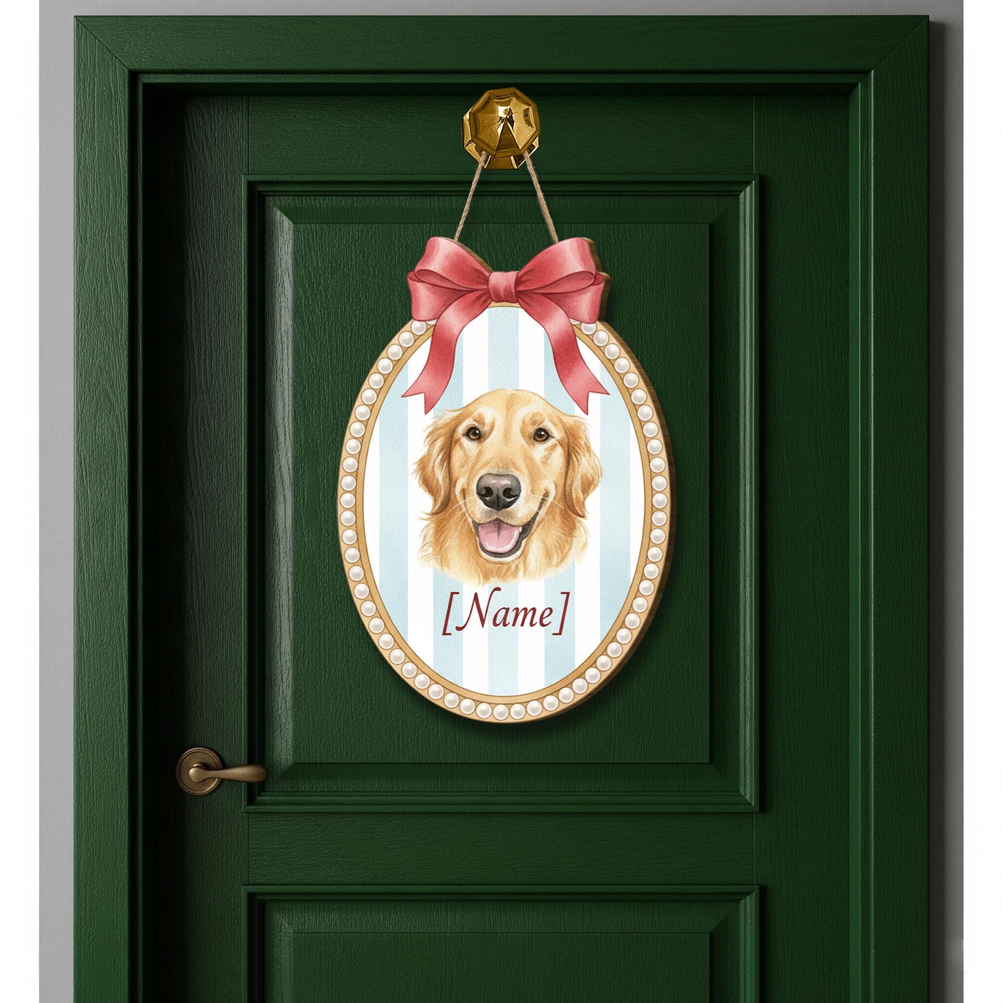 Personalized Dog Door Sign – Custom Pet Name Plaque with Ribbon and Striped Background