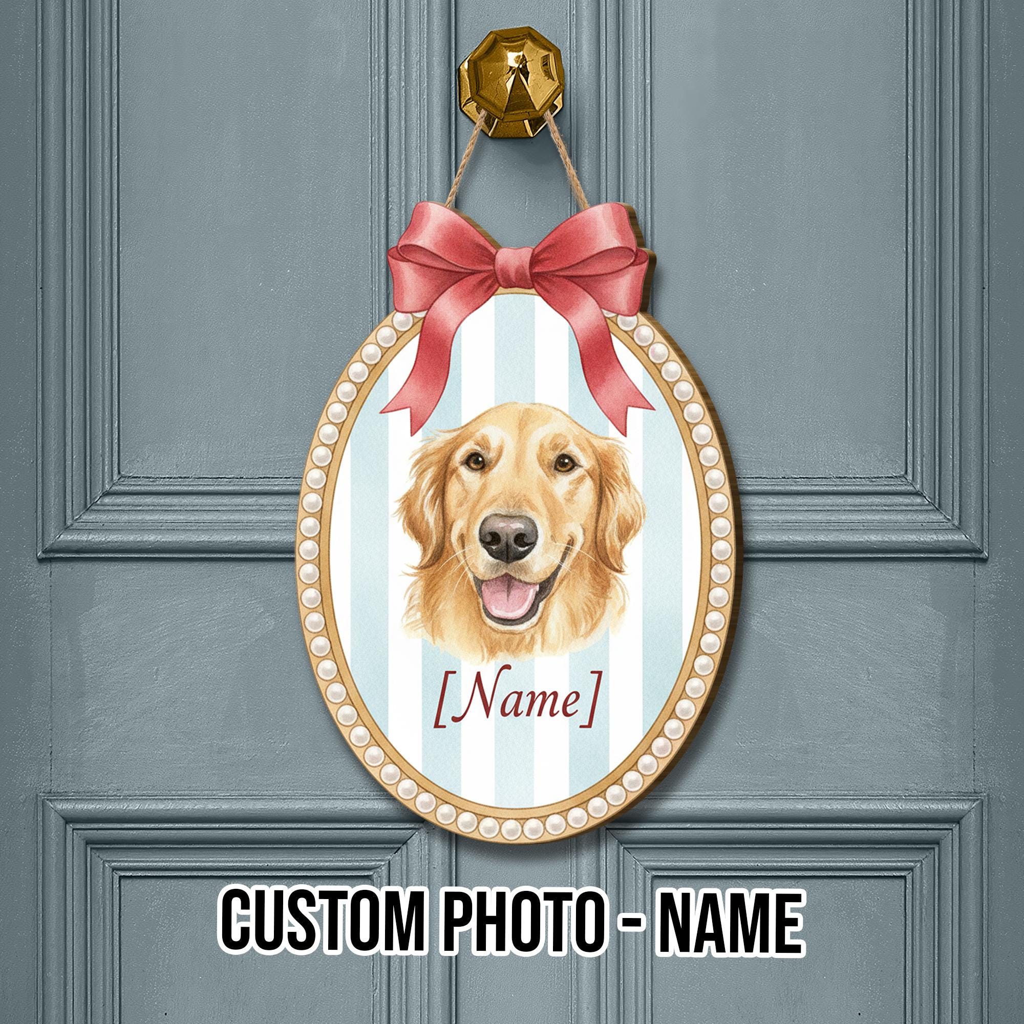 Personalized Dog Door Sign – Custom Pet Name Plaque with Ribbon and Striped Background