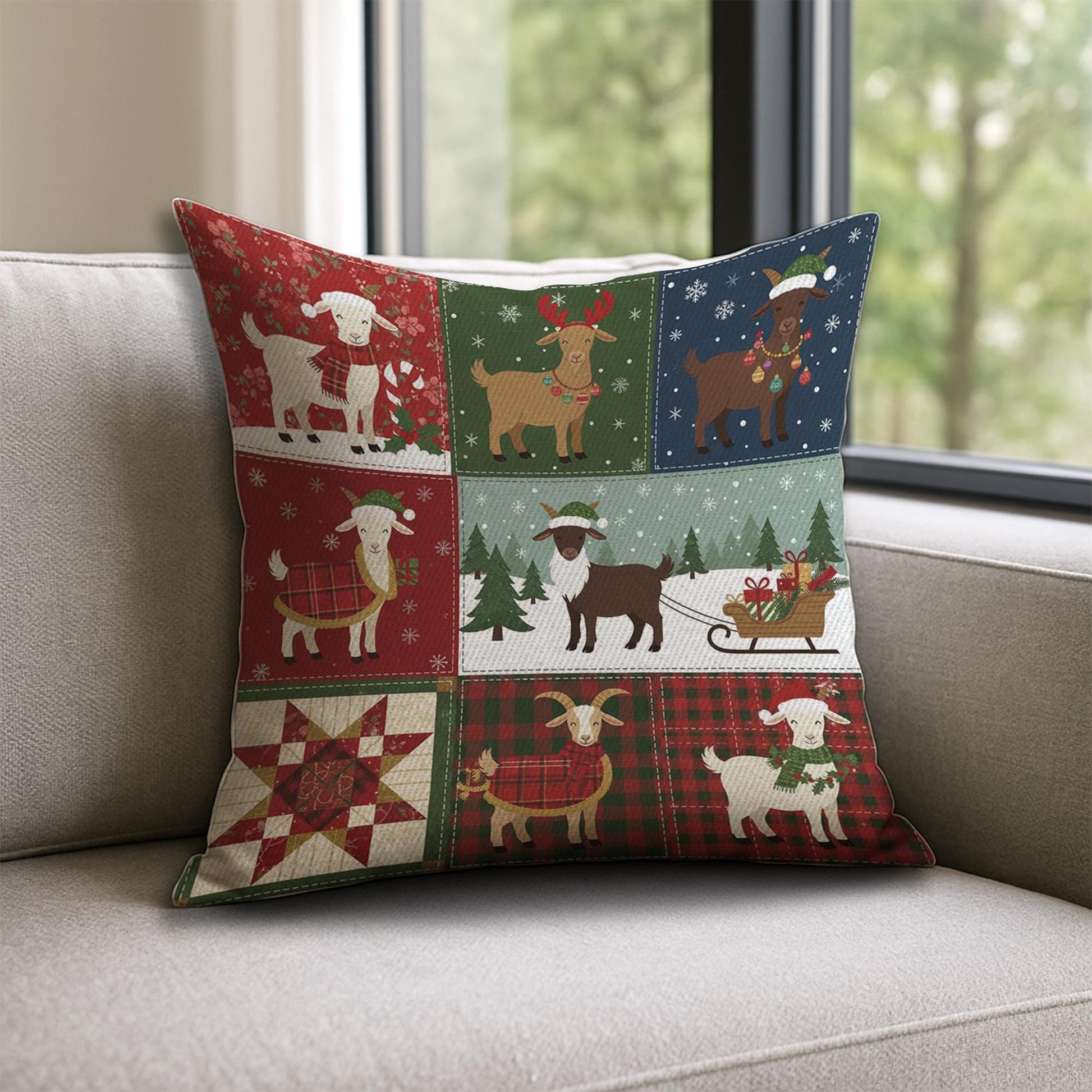 Christmas Goat Pillow – Farmhouse Holiday Throw Cushion, Festive Patchwork Decor